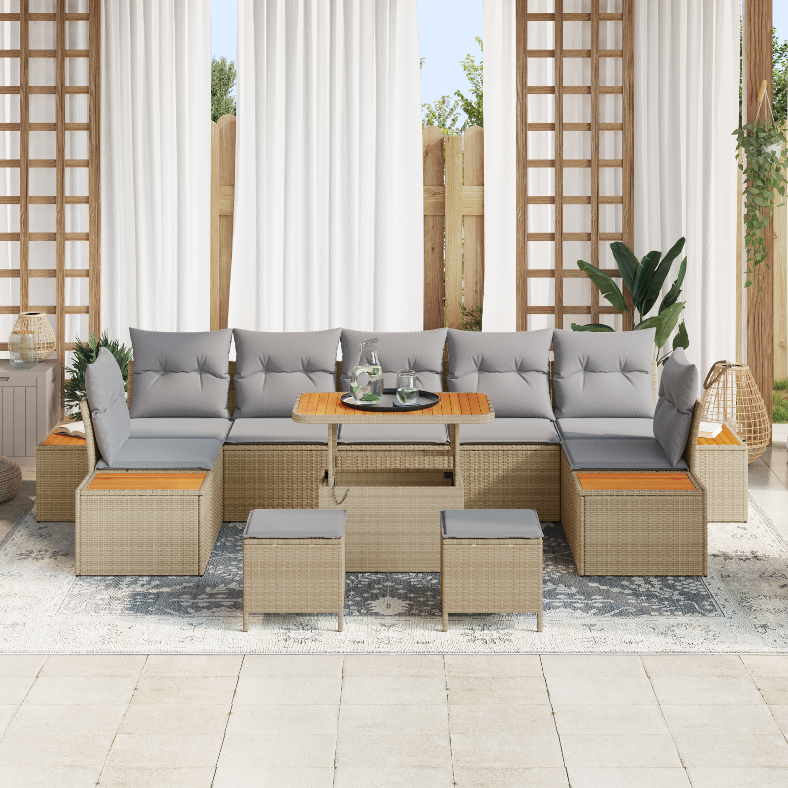 vidaXL 10-delige Tuinbankenset met kussens poly rattan acacia beige