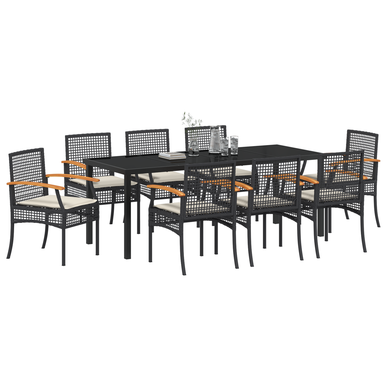 vidaXL 9 Delige Tuin Eetset met Kussens - Zwart Poly Rattan