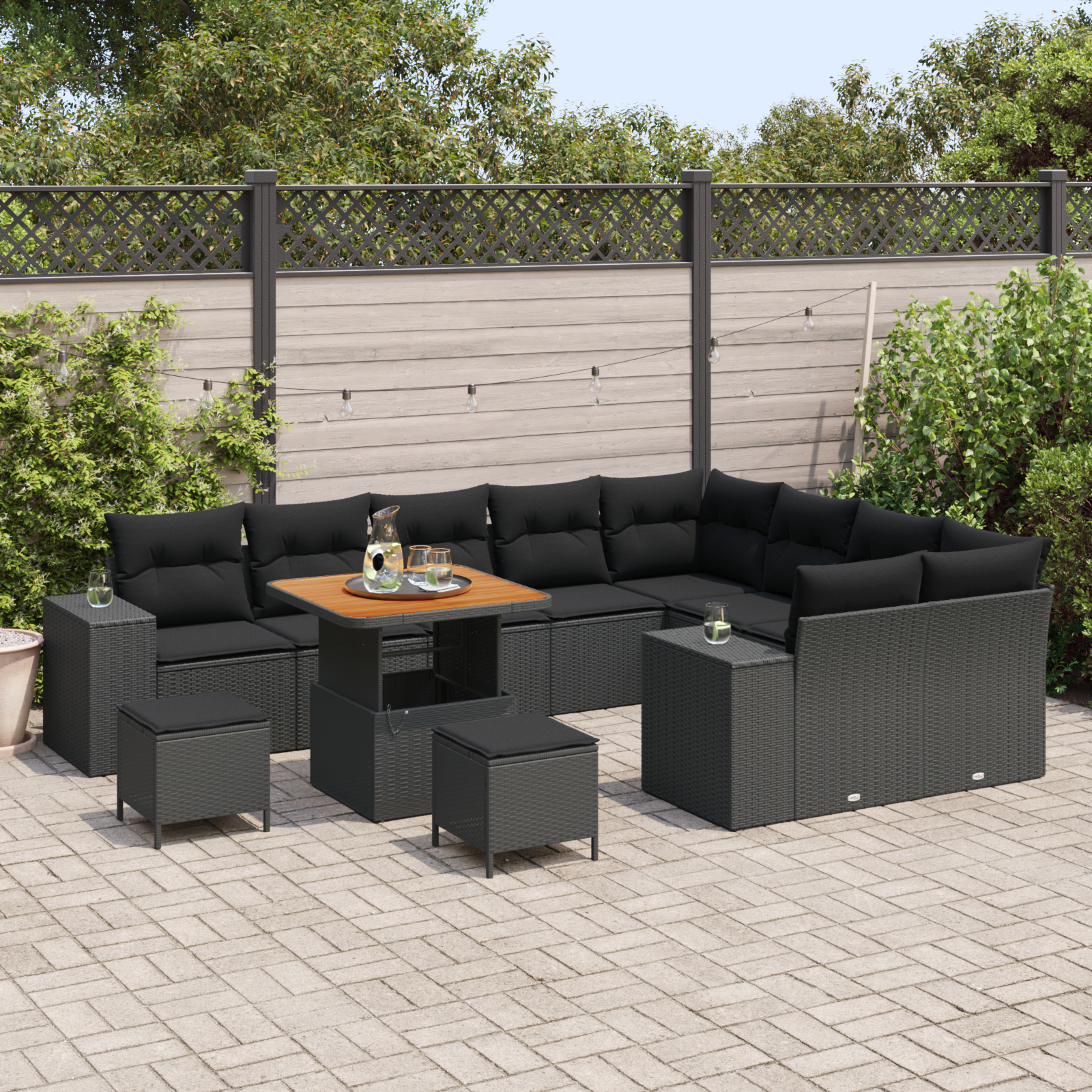 vidaXL 12-delige tuinset met kussens zwart poly rattan acacia