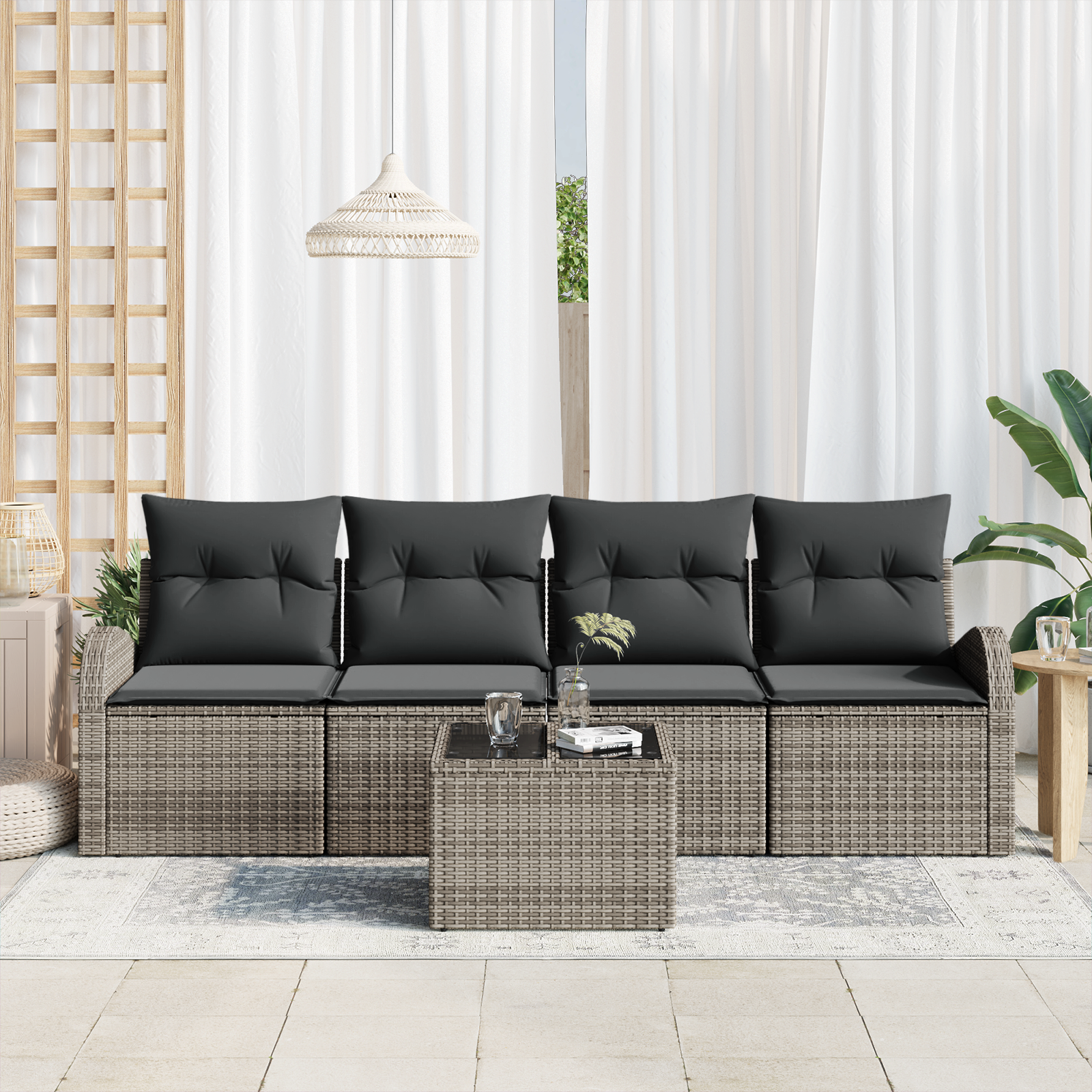 vidaXL 5-delige tuinsofa set met kussens - Grijs Poly Rattan