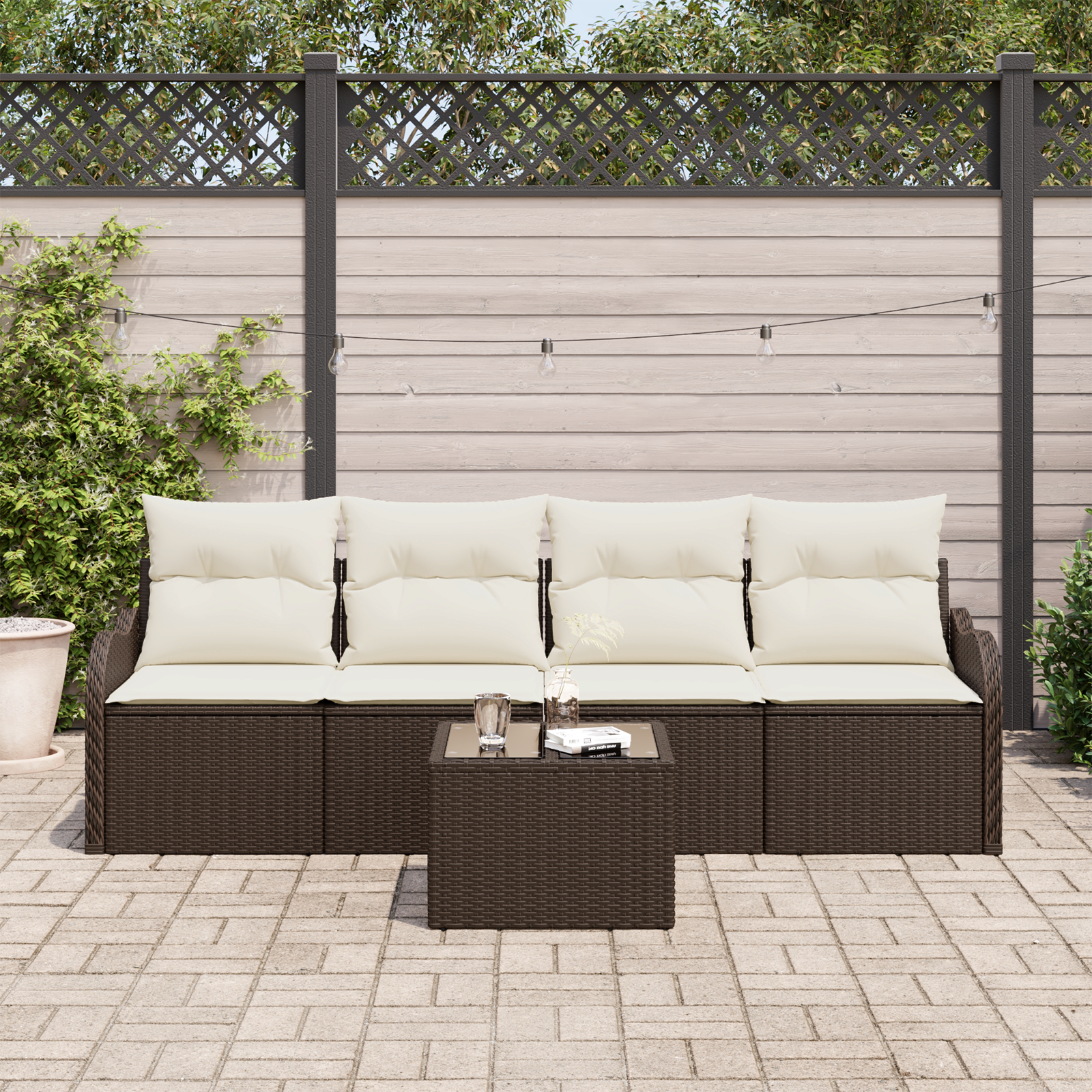 vidaXL 5-delige Tuinbankenset met kussens poly rattan bruin