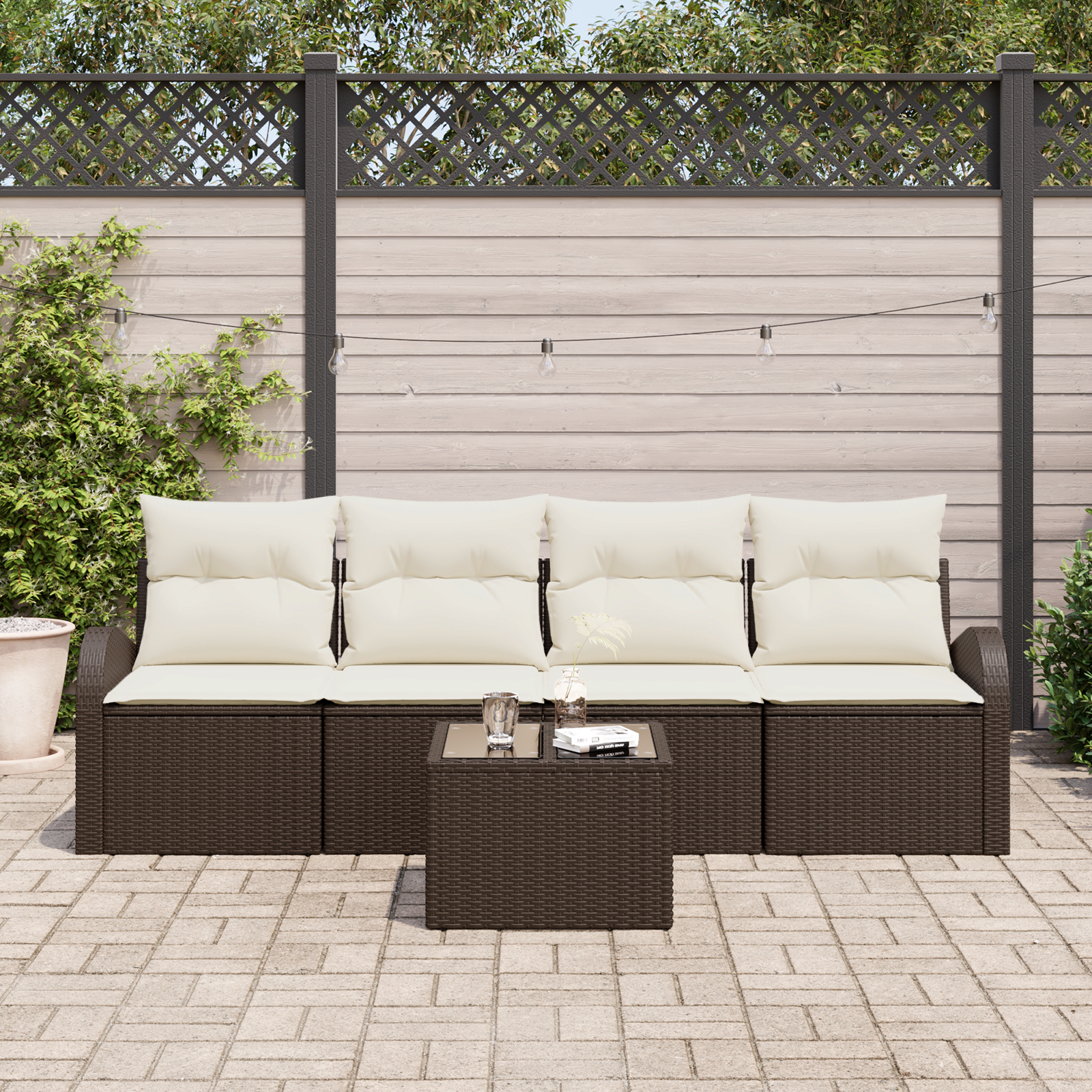 vidaXL 5-delige Tuinbankenset met kussens poly rattan bruin