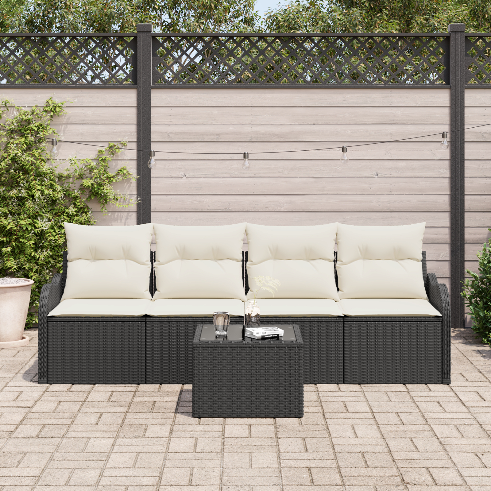 vidaXL 5-delige Tuinbankenset met kussens poly rattan zwart