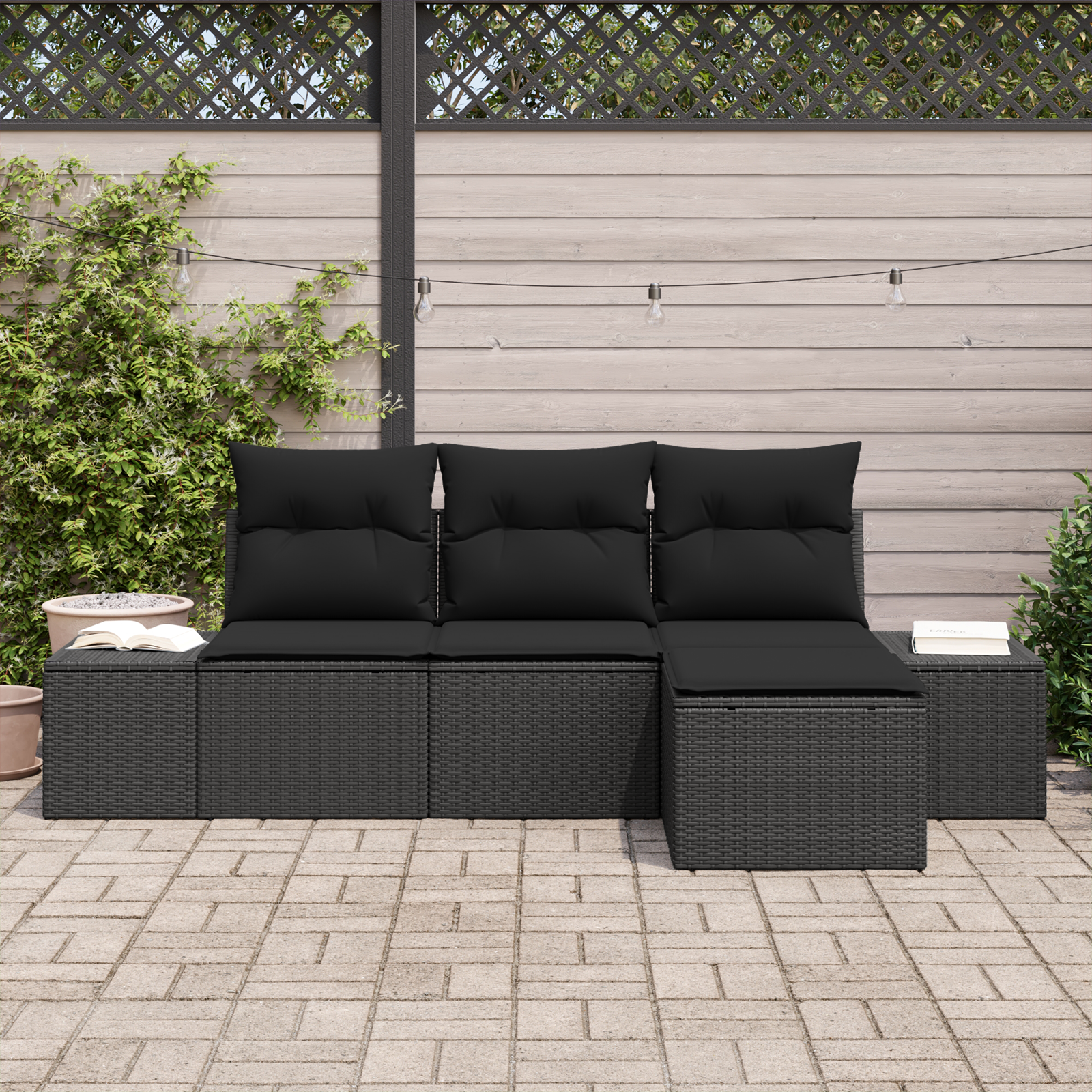 vidaXL 4-delige Tuinbankenset met kussens poly rattan zwart