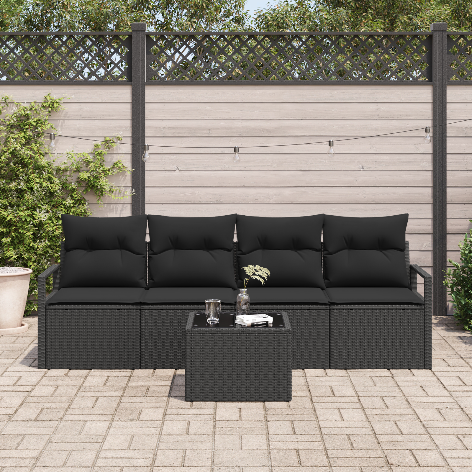 vidaXL 5-delige tuinset met kussens zwart poly rattan
