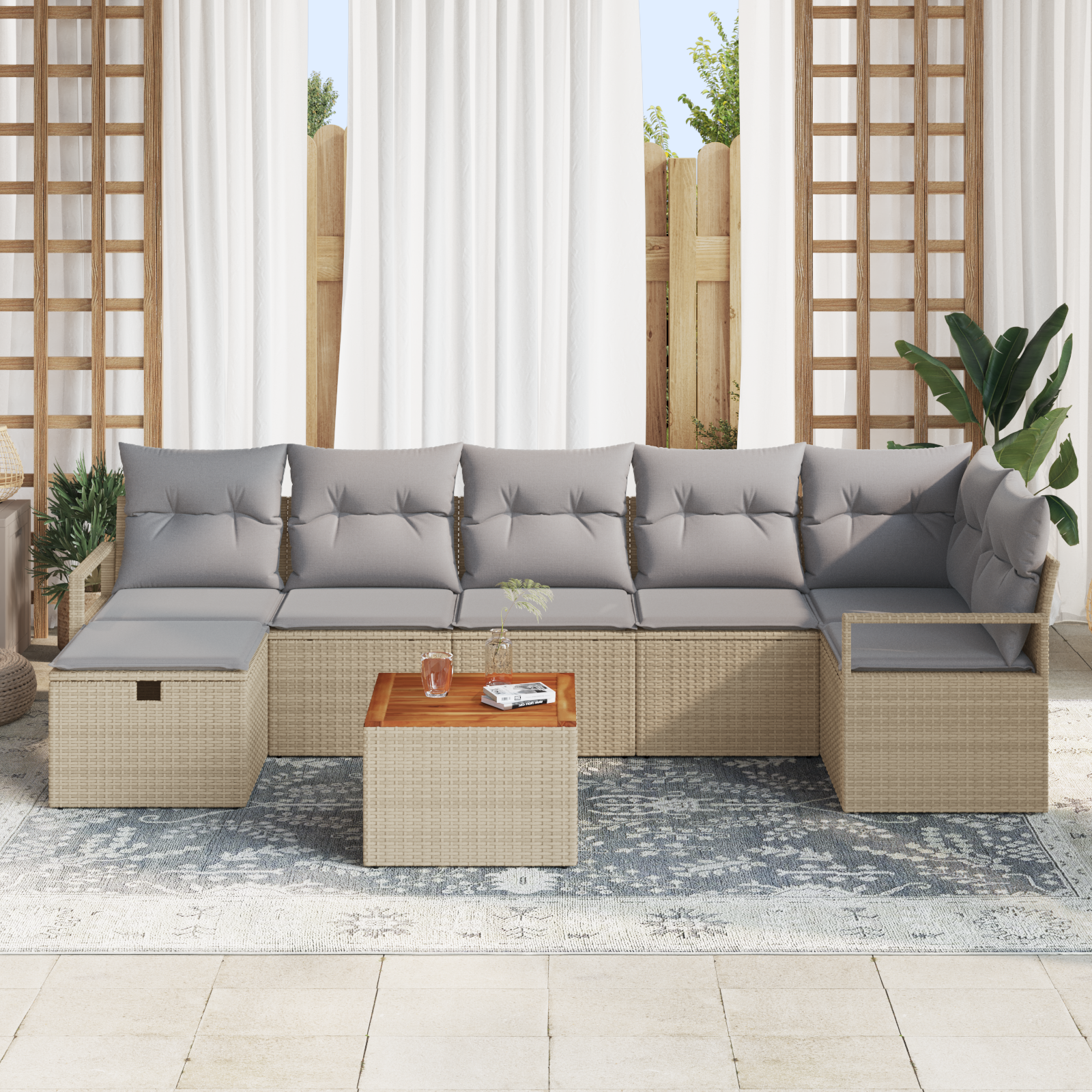 vidaXL 8-delige tuinset met kussens in beige poly rattan