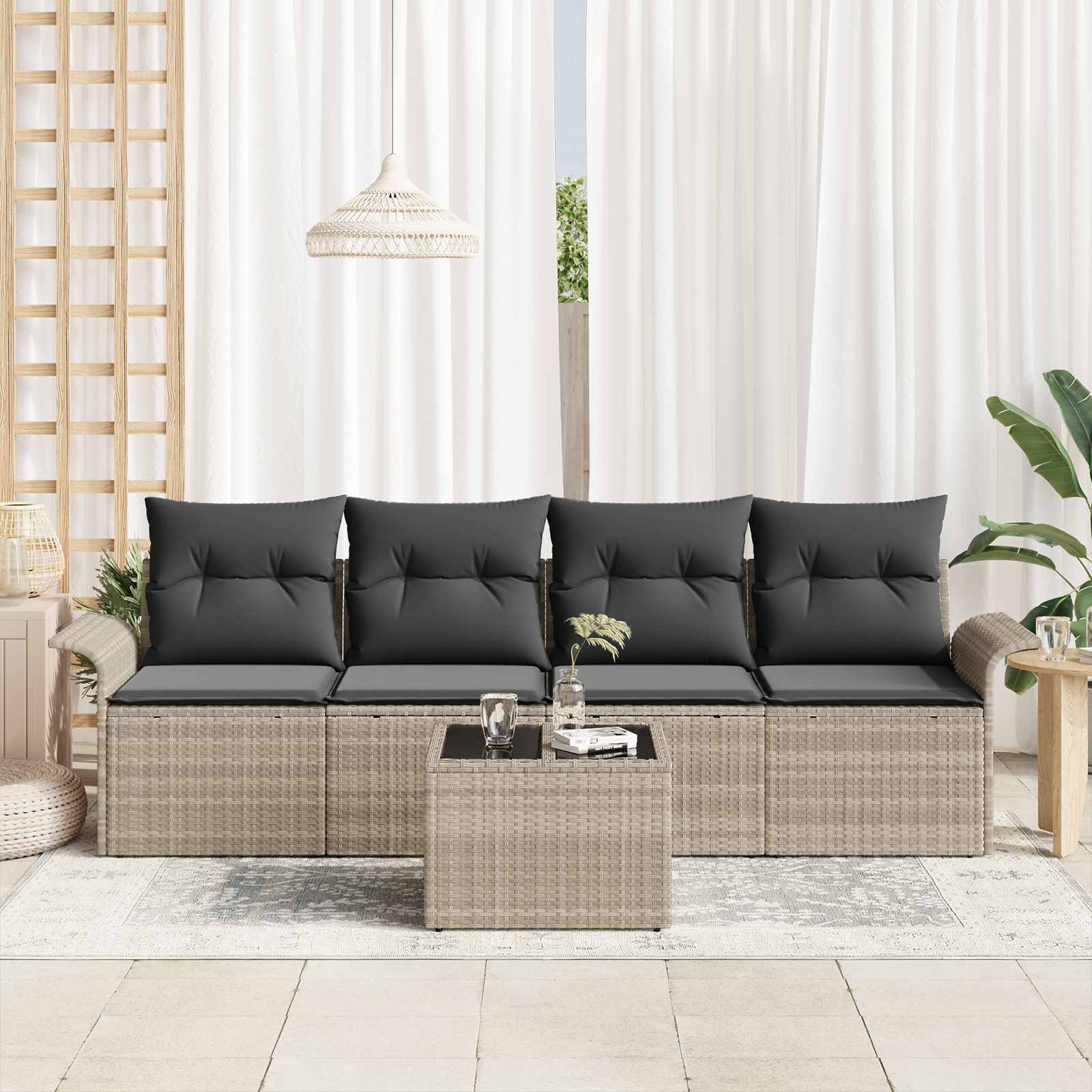 vidaXL 5-delige tuinsofa set met kussens – Lichtgrijs poly rattan