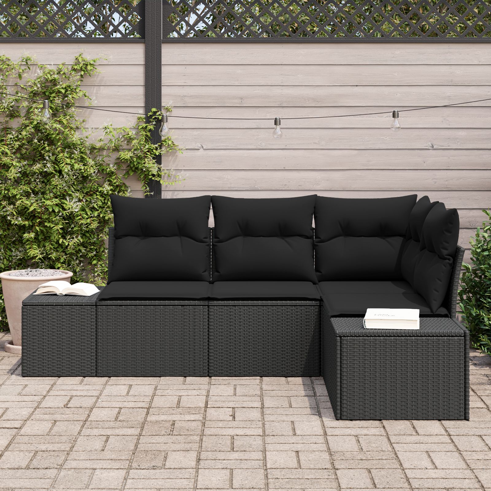 vidaXL 4-delige Tuinbankenset met kussens poly rattan zwart