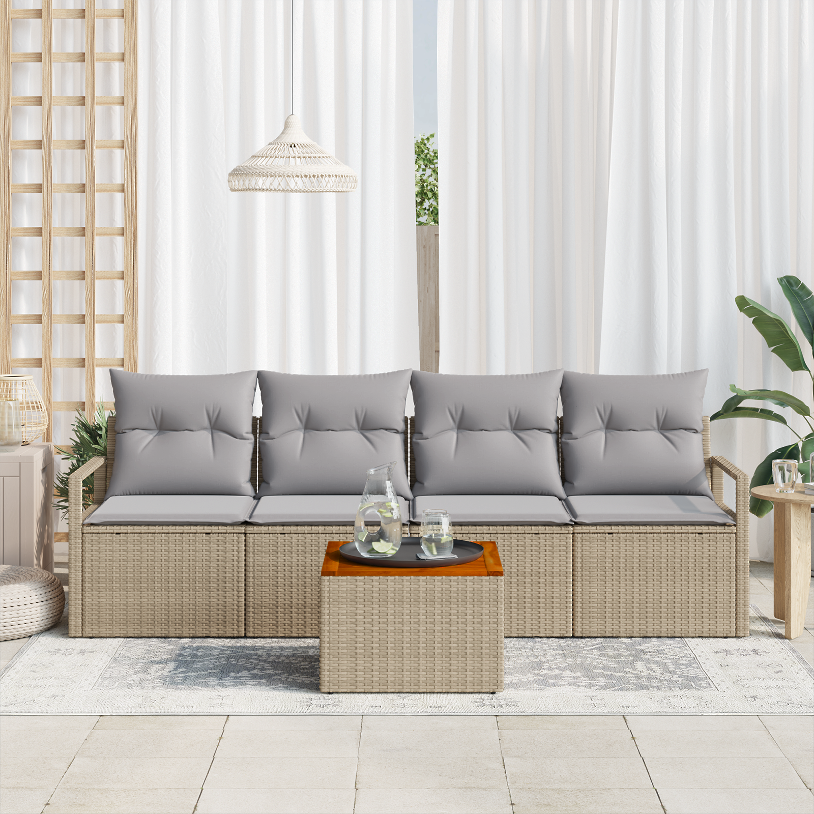 vidaXL 5-delige tuinset met kussens Beige Poly Rattan Acaciahout
