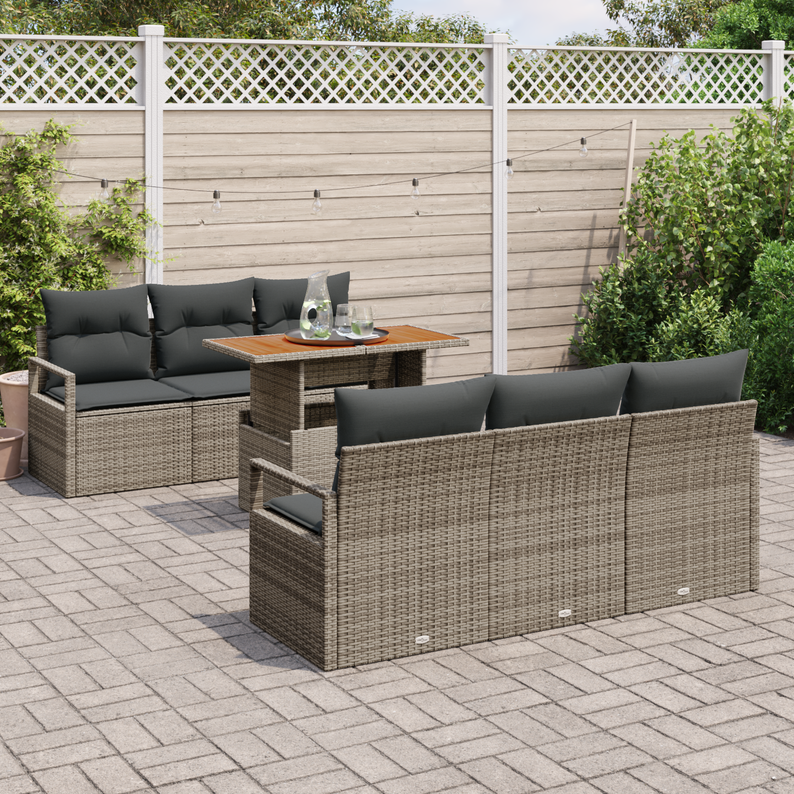 vidaXL 7-delige Tuinbankenset met kussens poly rattan acacia grijs