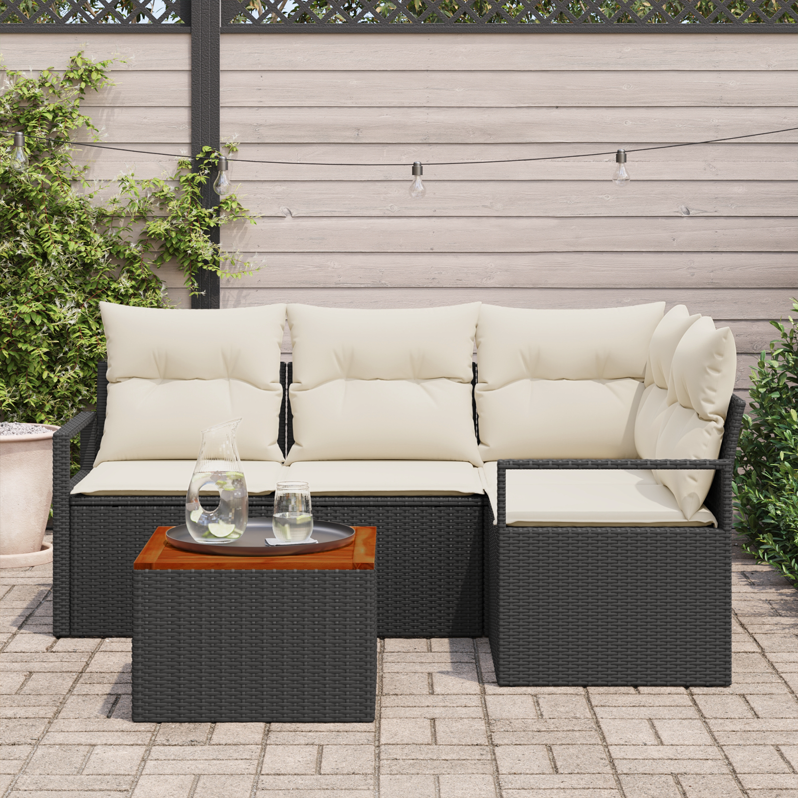 vidaXL 5-delige Tuinbankenset met kussens poly rattan acacia zwart