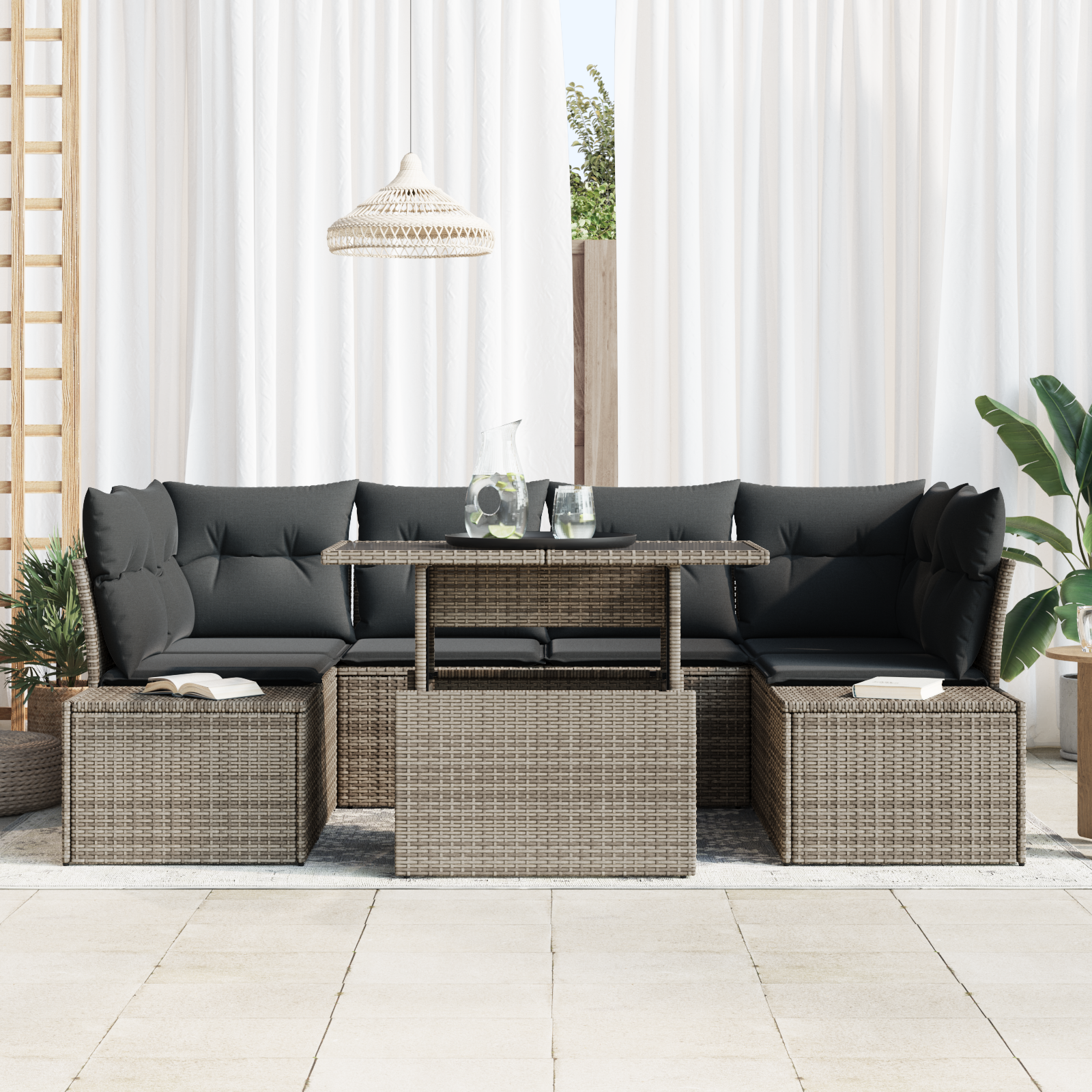 vidaXL 7-delige Tuinbankenset met kussens poly rattan grijs