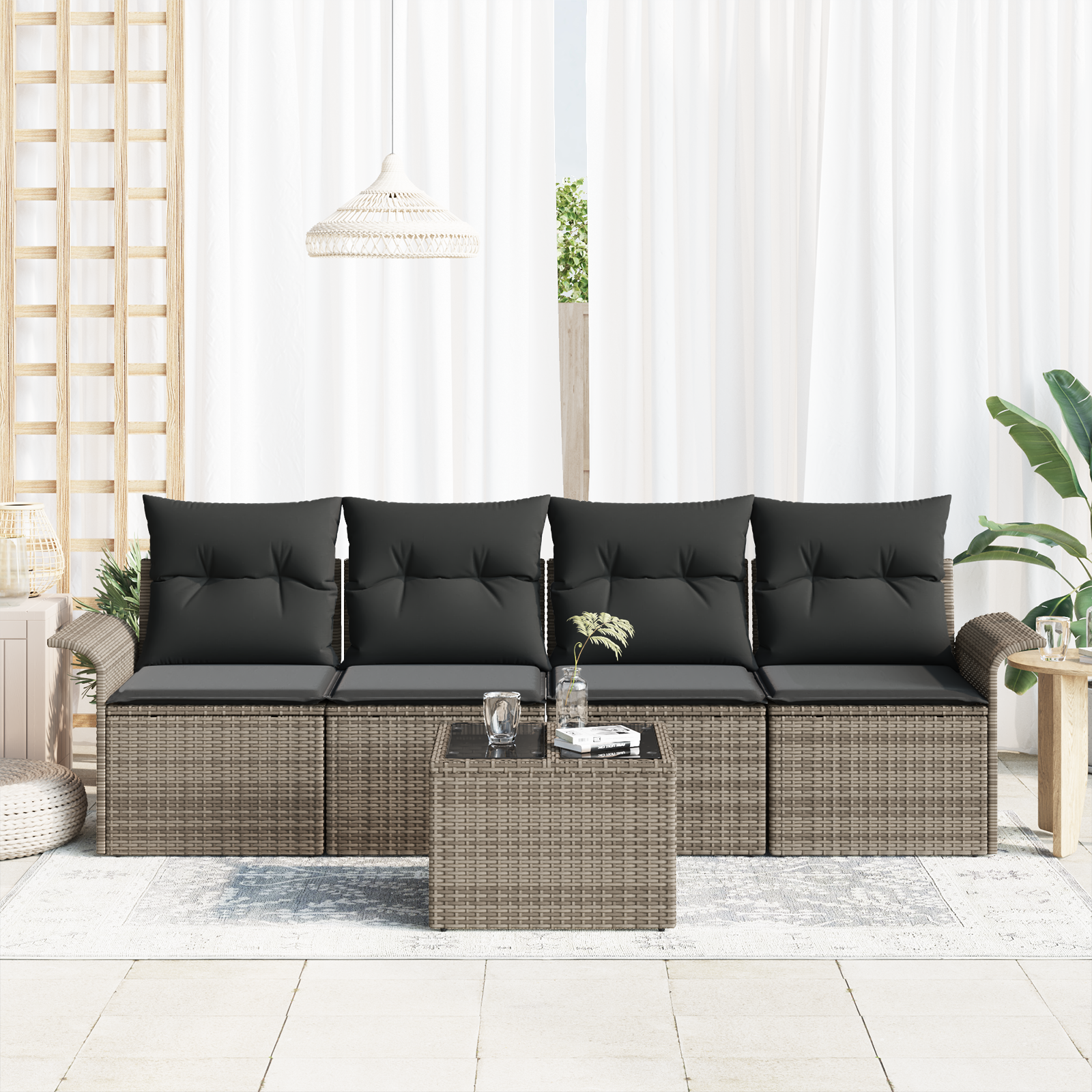 vidaXL 5-delige tuinbankset met kussens - Grijs poly rattan