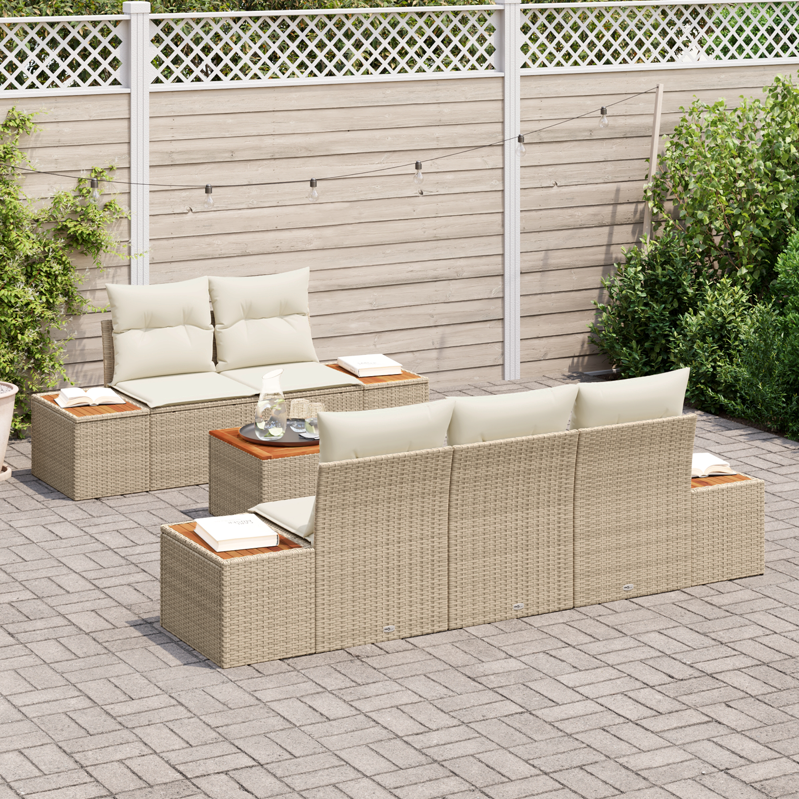 vidaXL 6-delige tuinsofa set met kussens in beige poly rattan en acacia