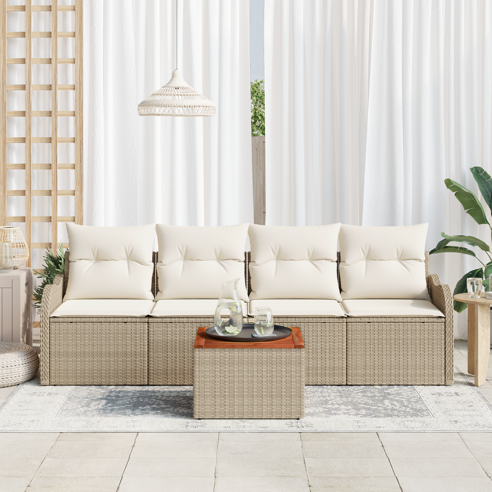 vidaXL 5-delige tuinset met kussens in beige poly rattan en acacia