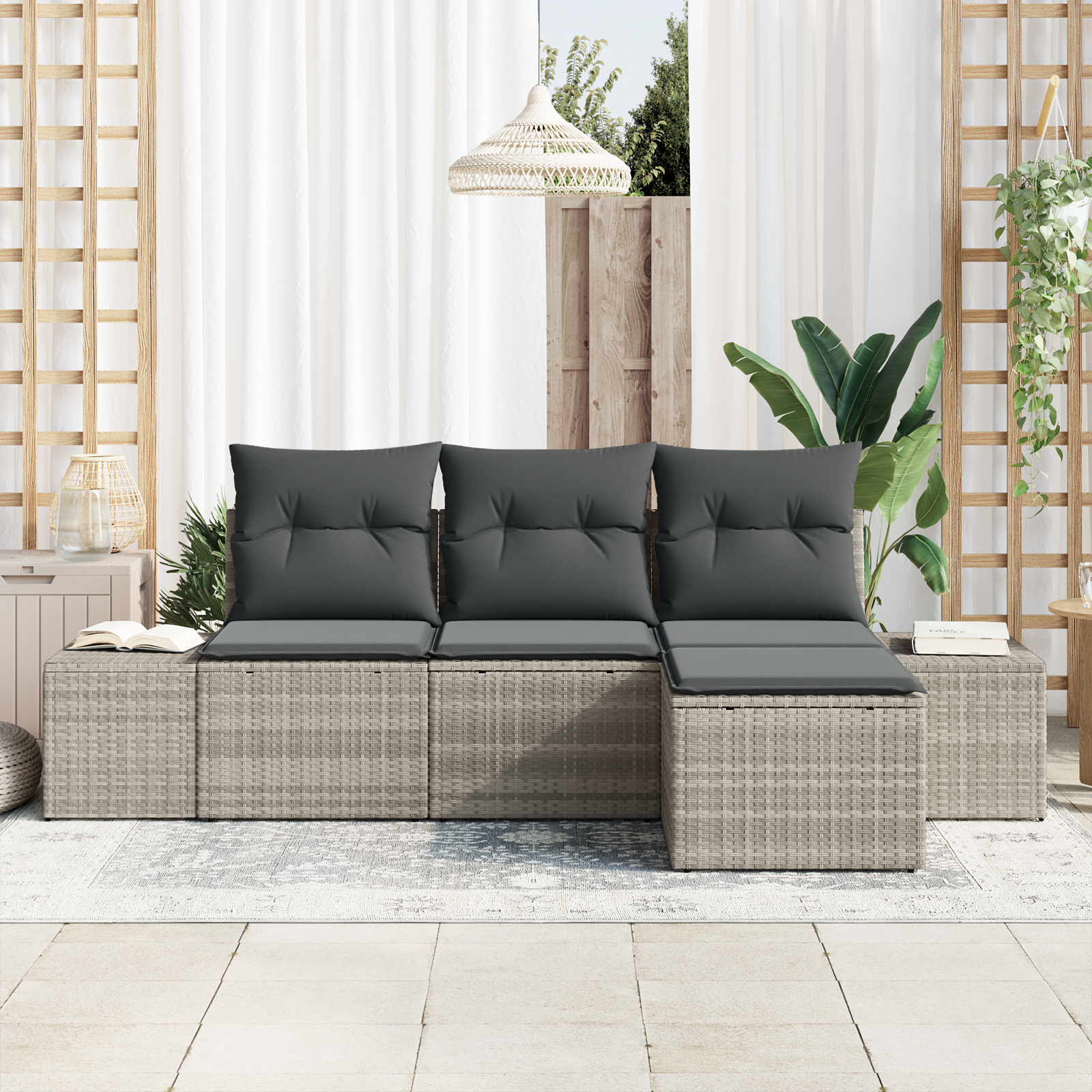 vidaXL 4-delige Tuinbankenset met kussens poly rattan lichtgrijs