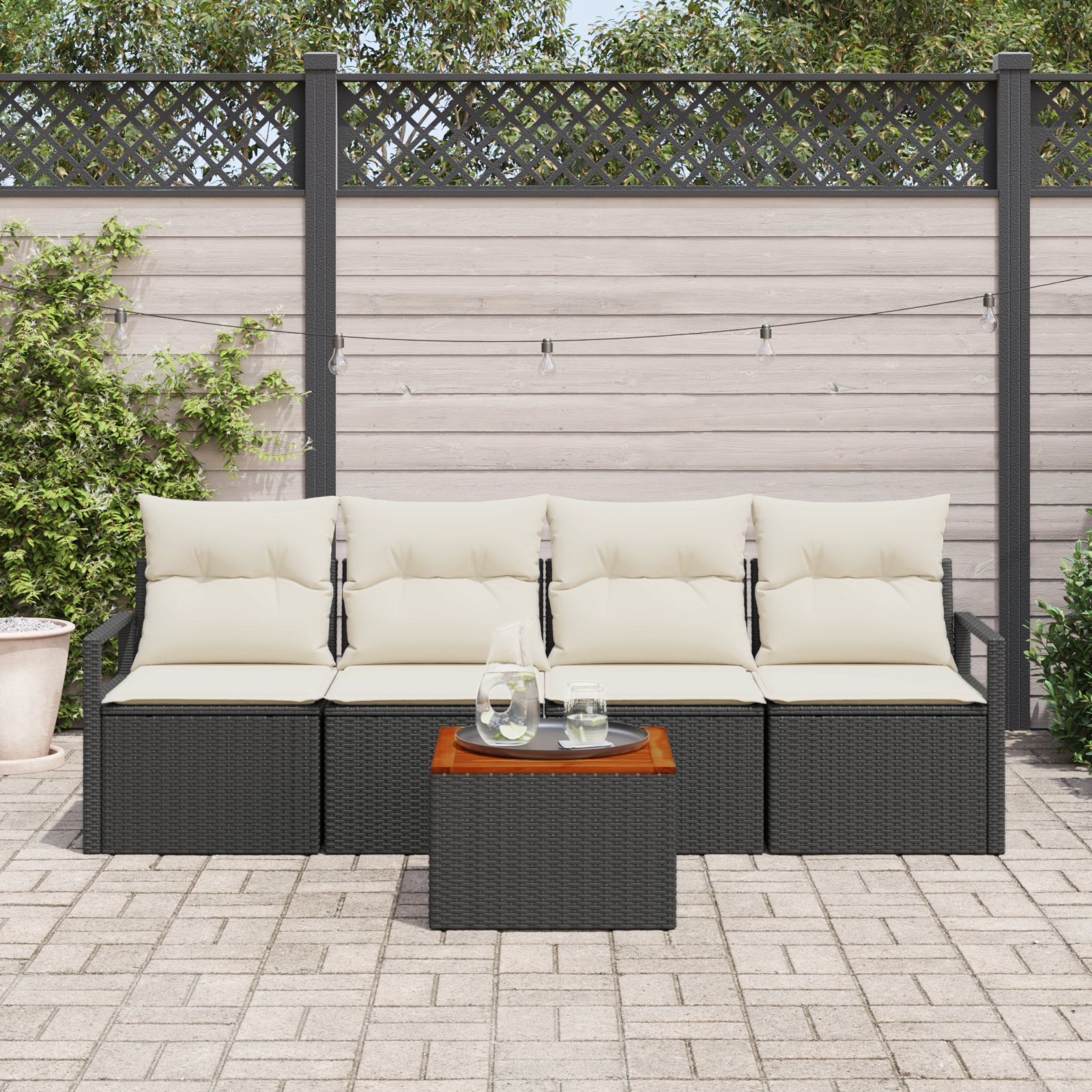 vidaXL 5-delige Tuinbankenset met kussens poly rattan acacia zwart