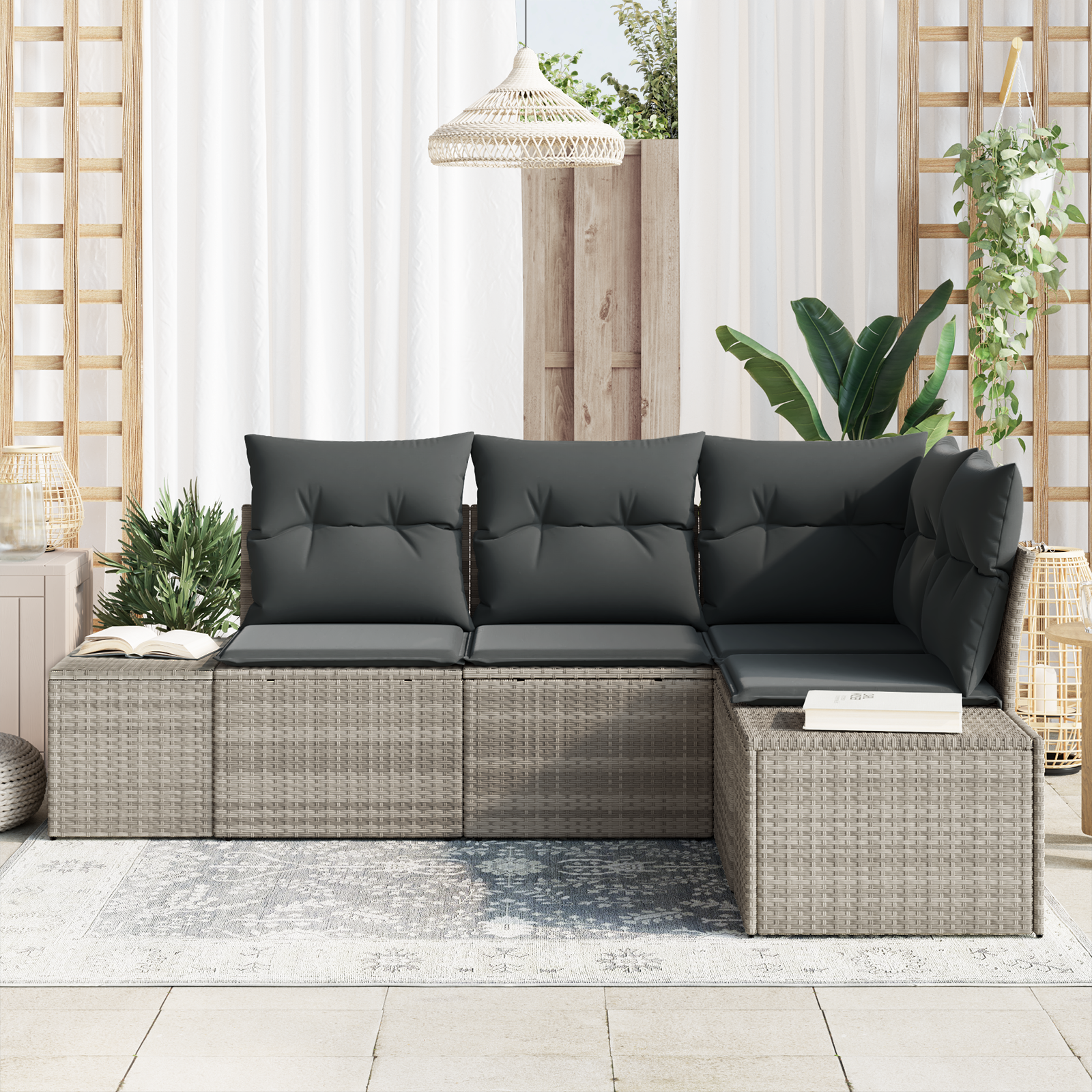vidaXL 4-delige Tuinbankenset met kussens poly rattan lichtgrijs