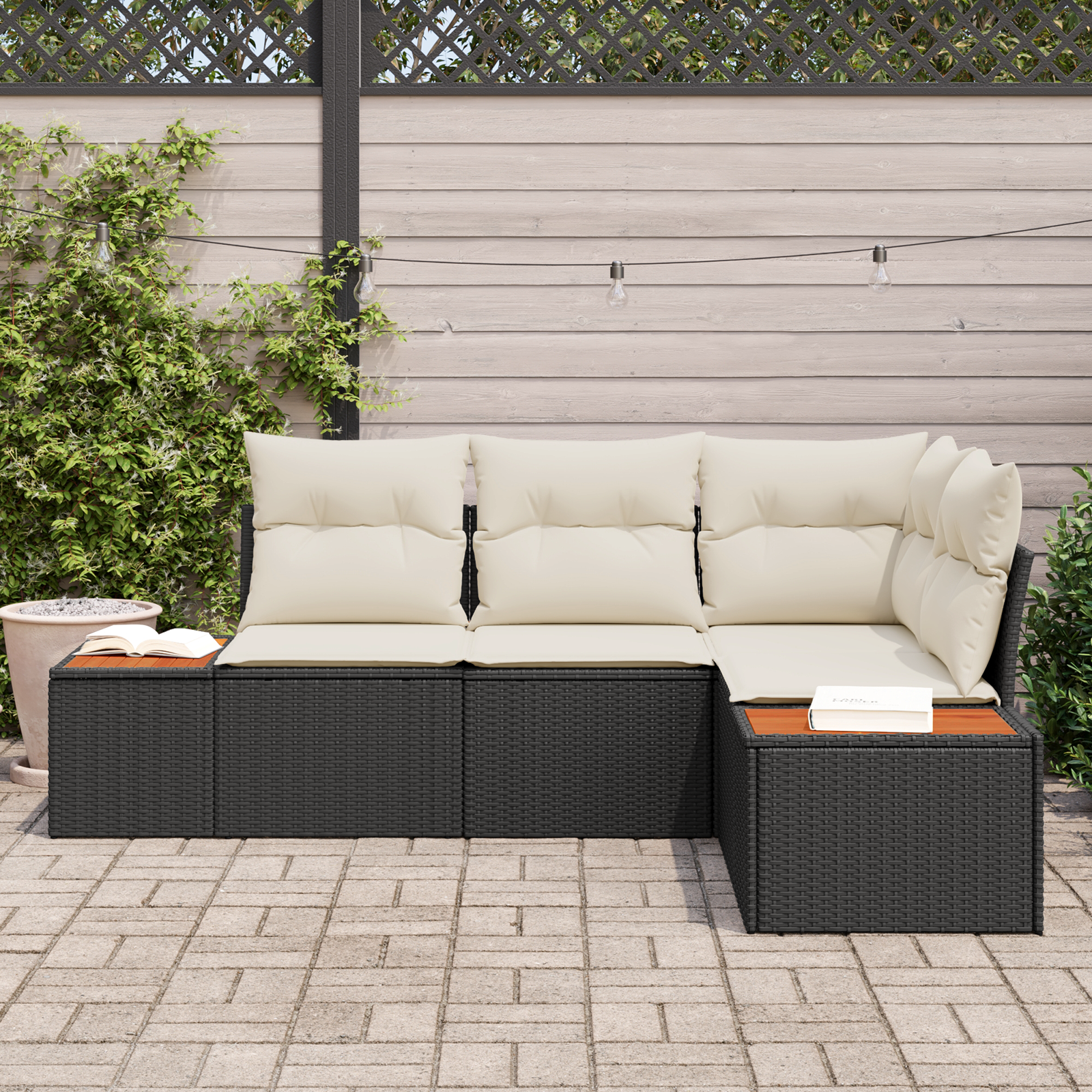 vidaXL 4-delige tuinbankset met kussens - zwart poly riet en acacia