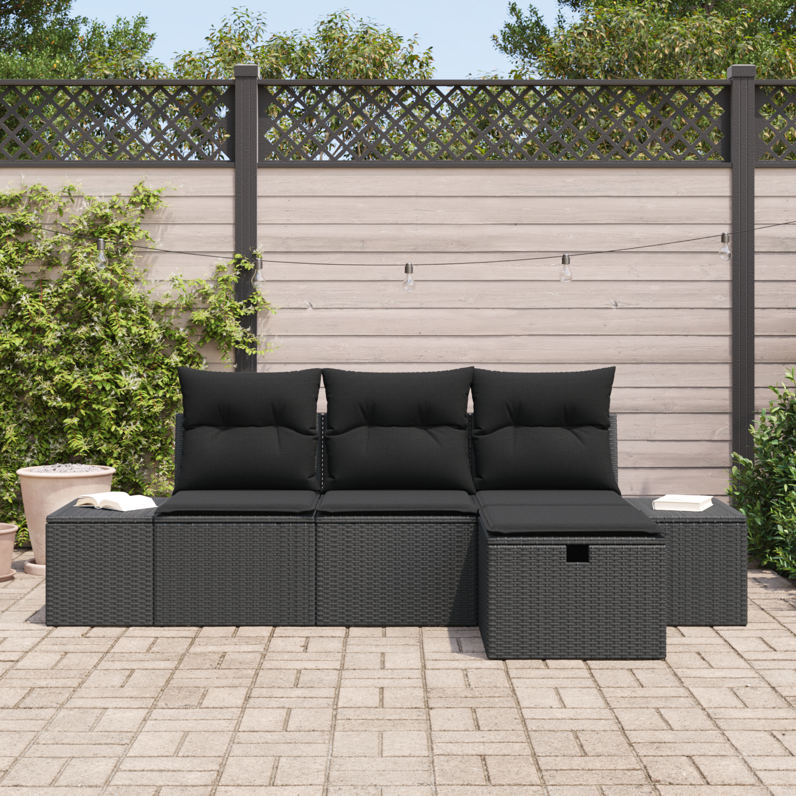 vidaXL 4-delige Tuinbankenset met kussens poly rattan zwart