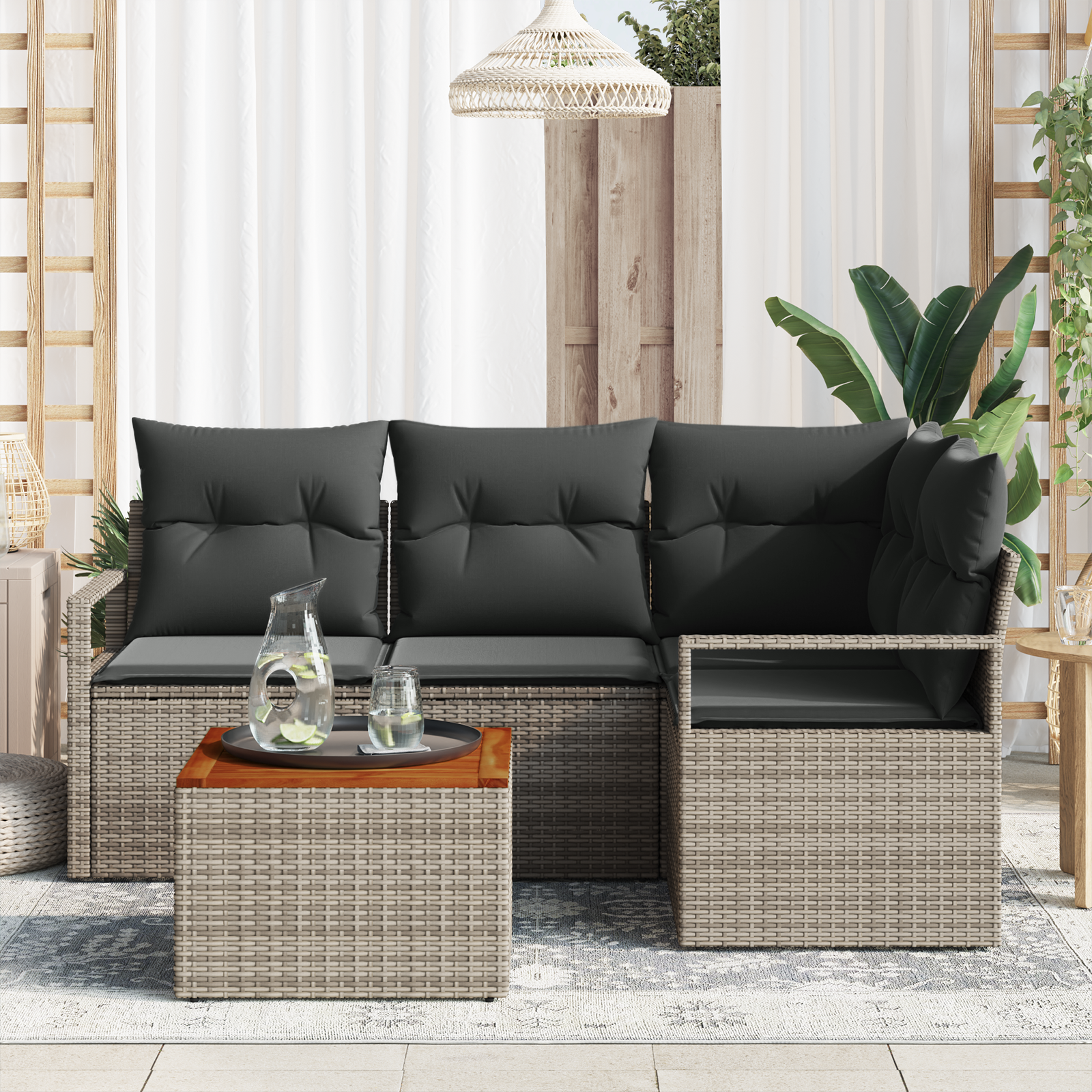 vidaXL 5-delige Tuinbankenset met kussens poly rattan acacia grijs