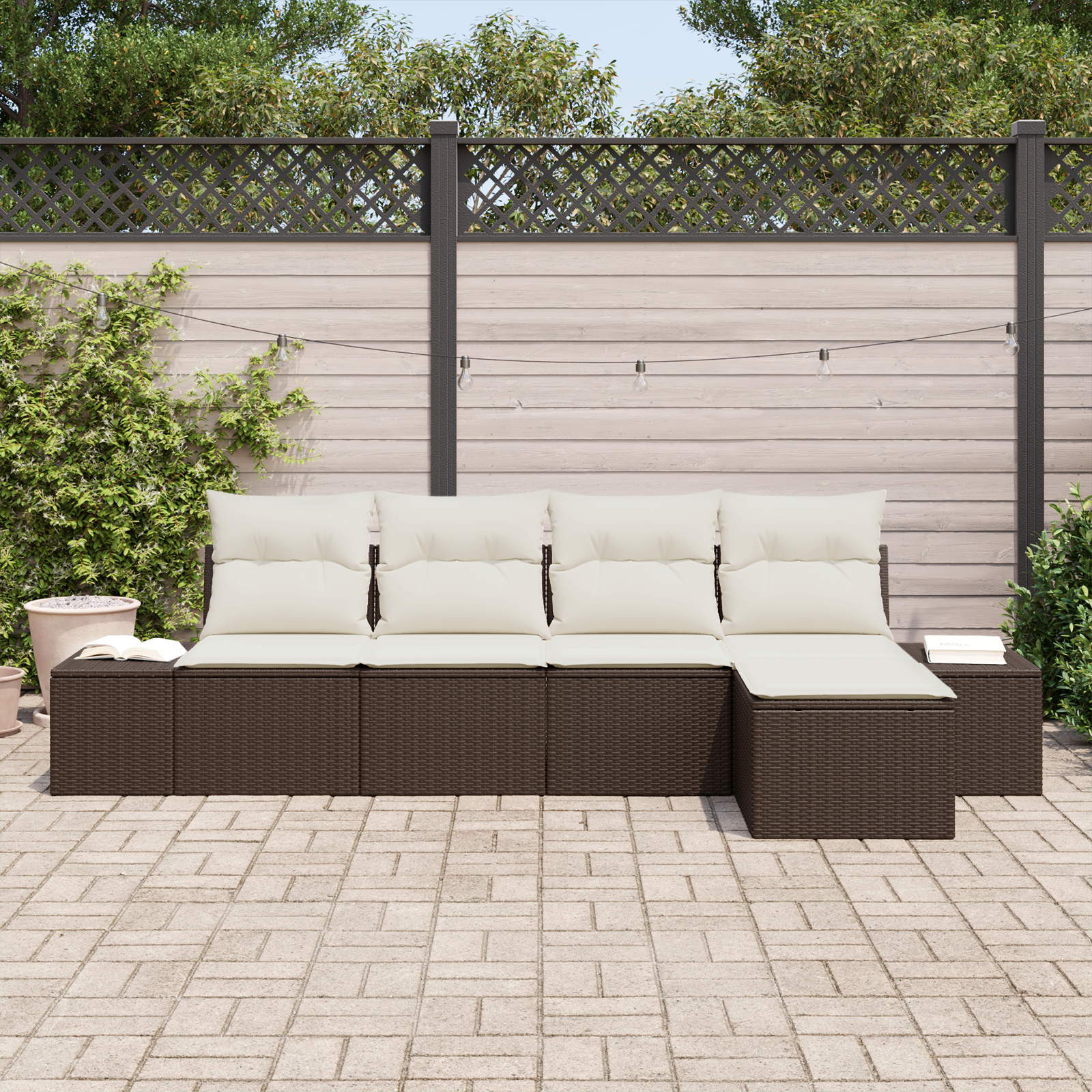 vidaXL 5-delige Tuinbankenset met kussens poly rattan bruin