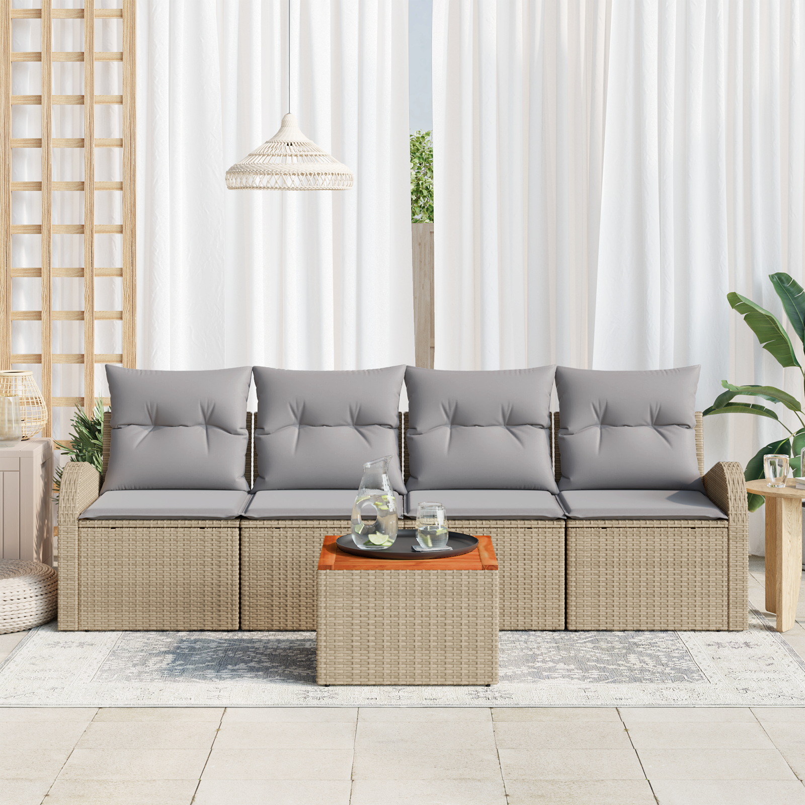 vidaXL 5-delige tuinset met kussens - Beige Poly Rattan en Acacia