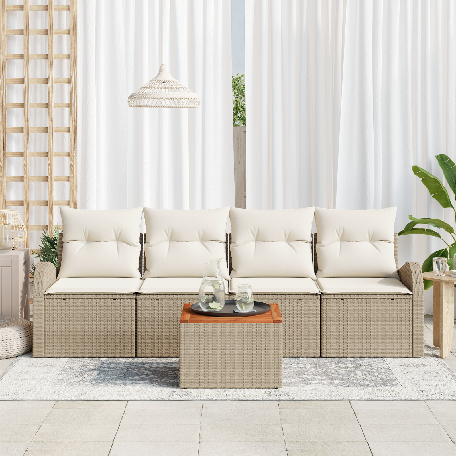 vidaXL 5-delige tuinset met kussens in beige poly rattan en acacia