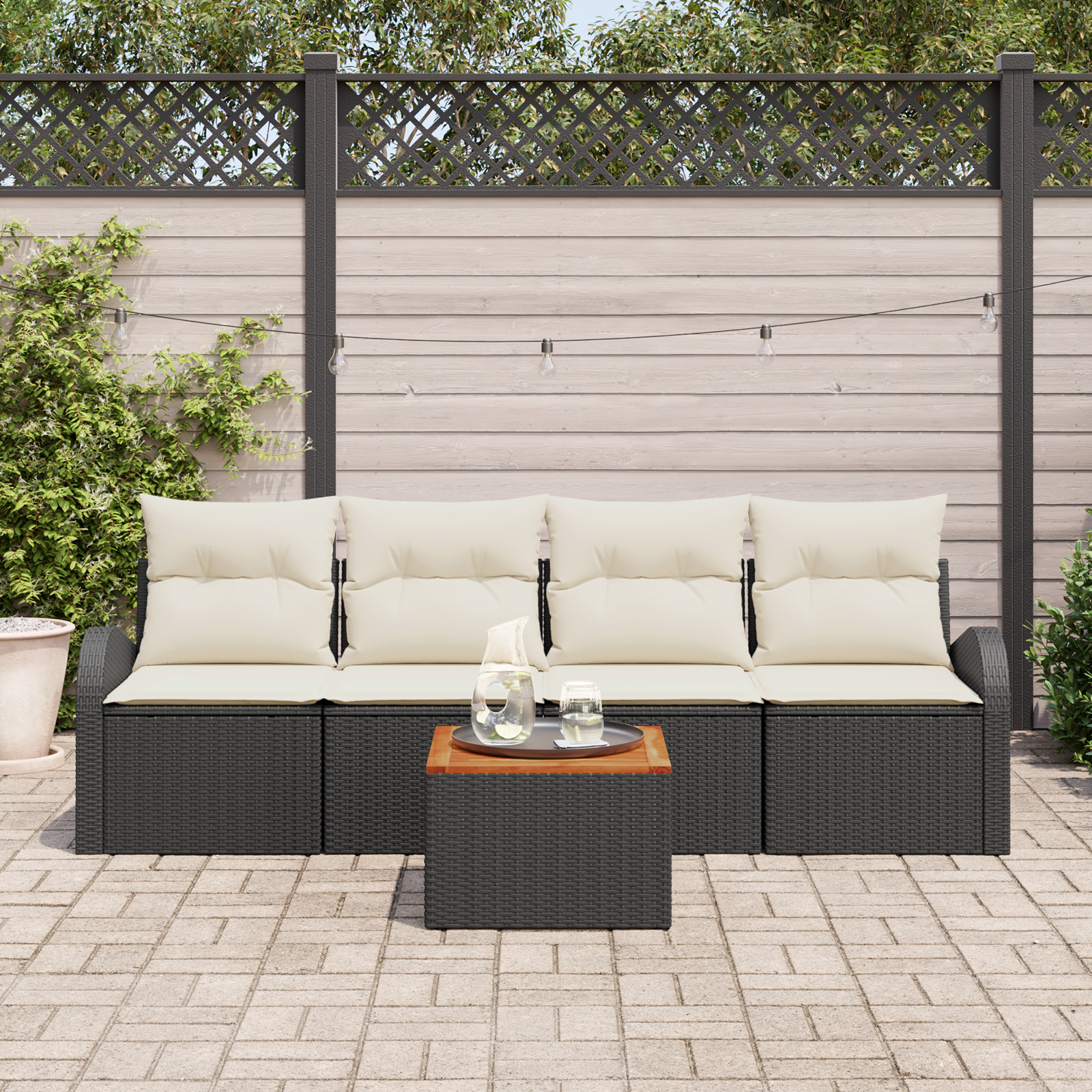 vidaXL 5-delige tuinsofa-set met kussens in zwart poly rattan en acacia