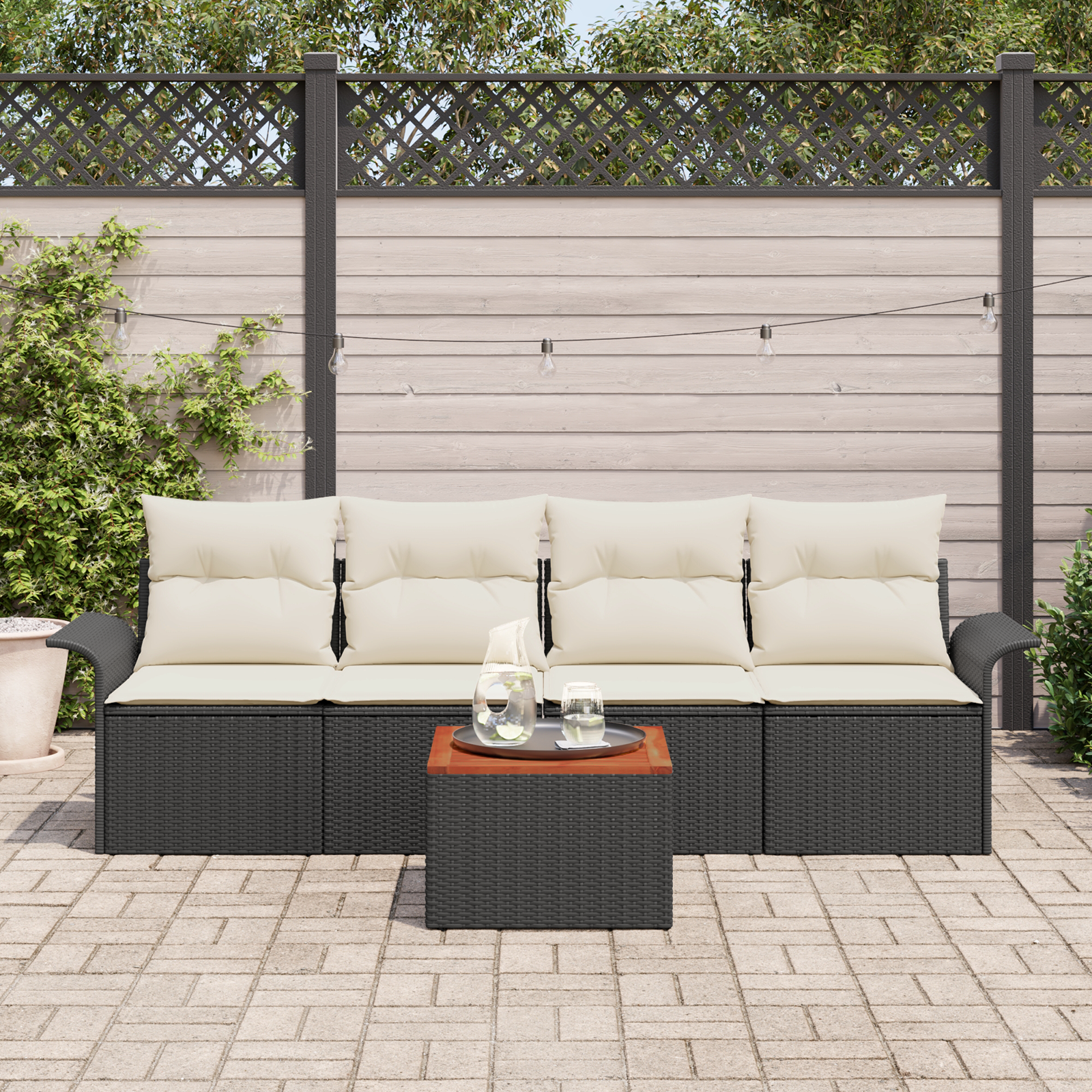 vidaXL 5-delige tuinset met kussens zwart poly rattan acacia