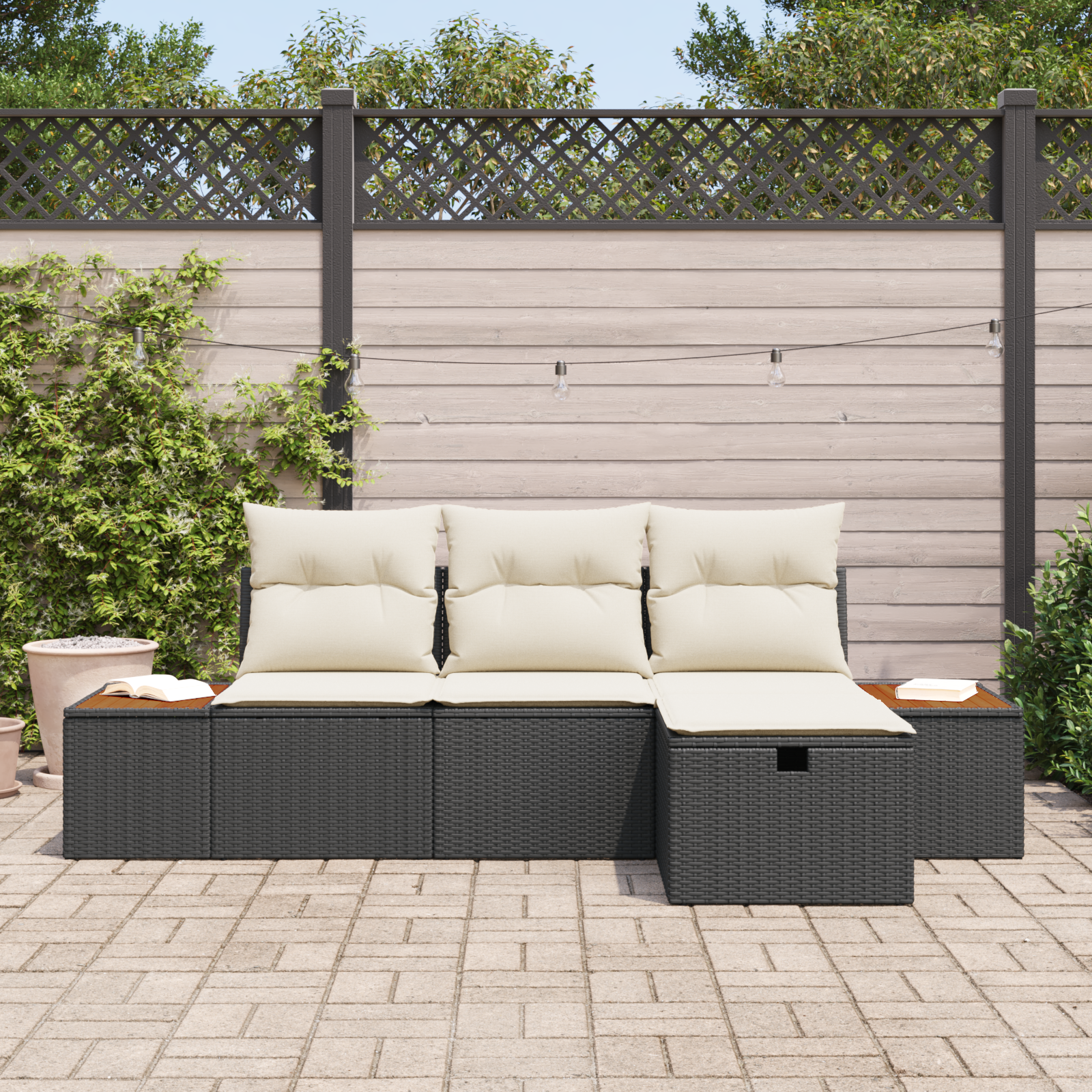 vidaXL 4-delige Tuinbankenset met kussens poly rattan zwart