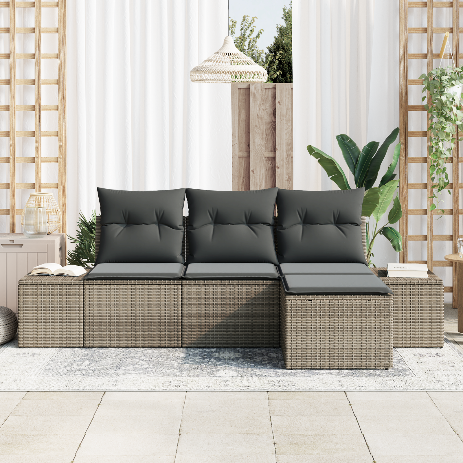 vidaXL 4-delige Tuinbankenset met kussens poly rattan grijs