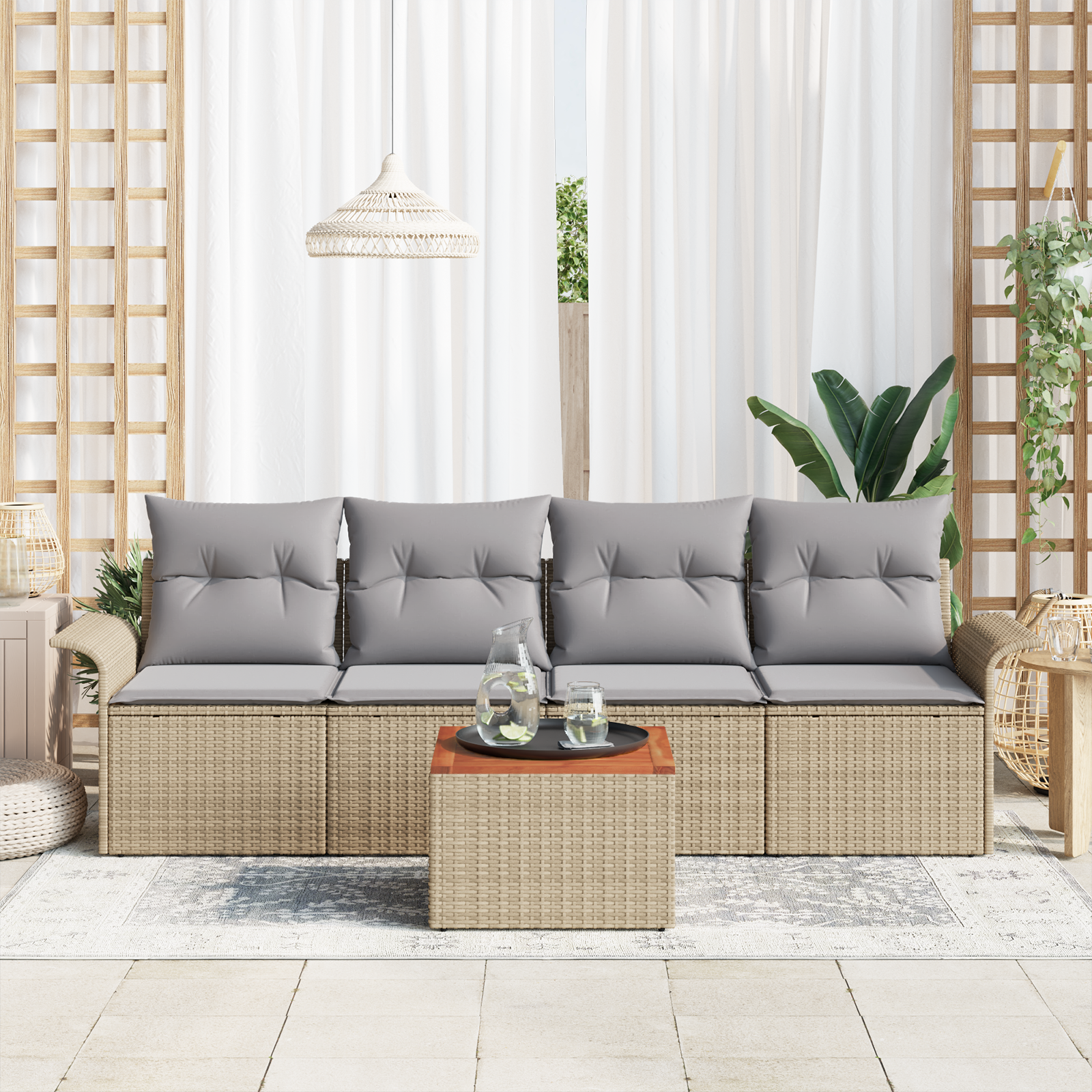 vidaXL 5-delige tuinsofa set met kussens in beige, poly rattan en acacia