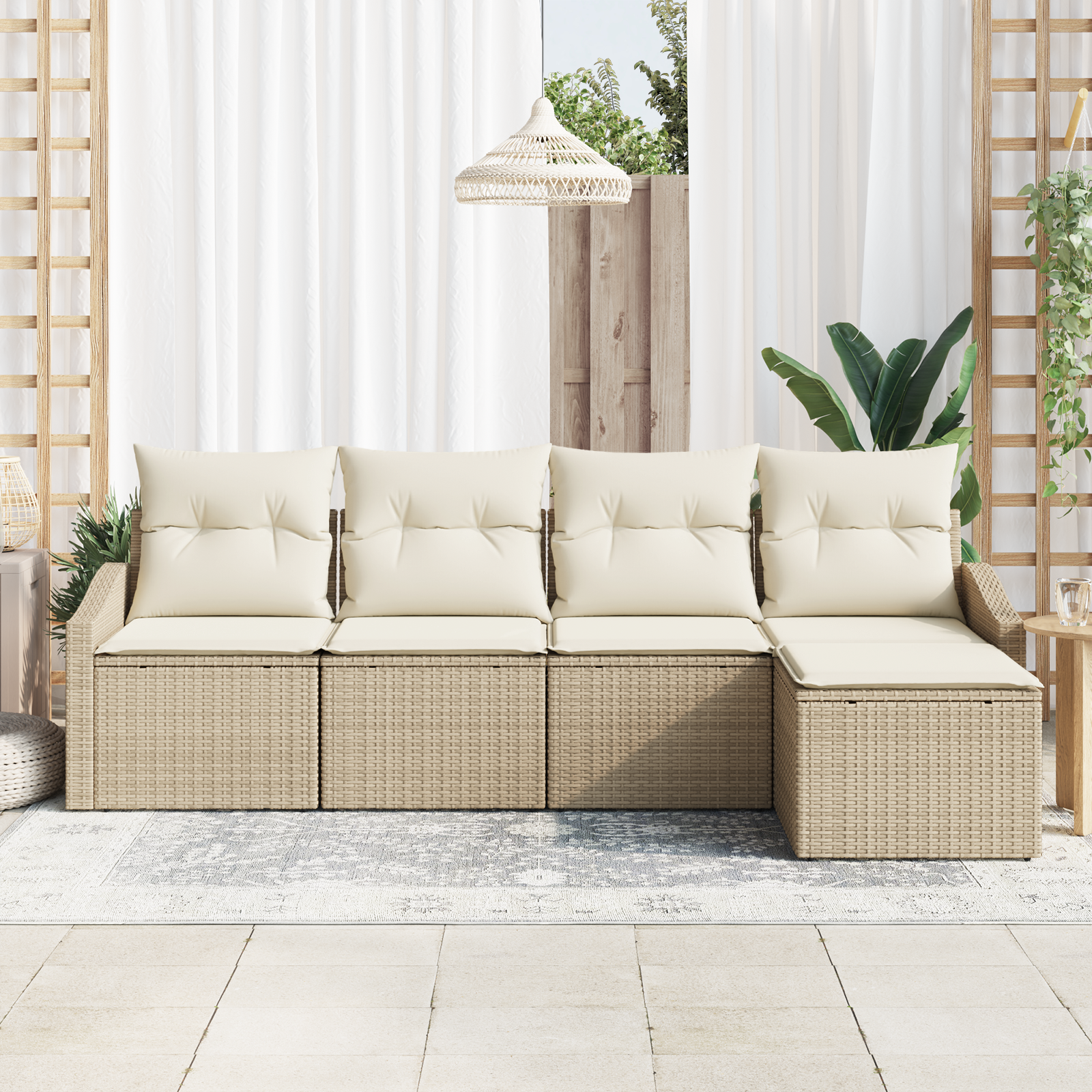 vidaXL 5-delige Tuinbankenset met kussens poly rattan beige