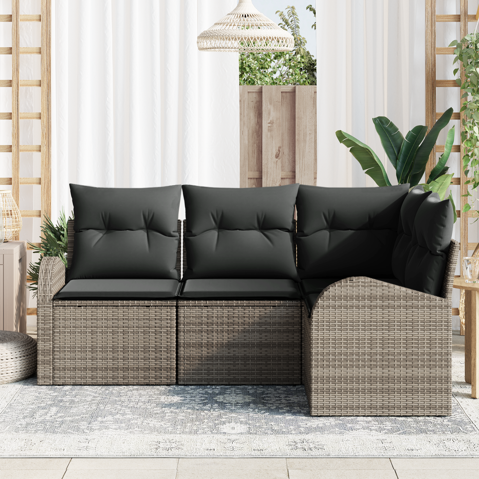 vidaXL 4-delige tuinset met kussens grijs poly rattan