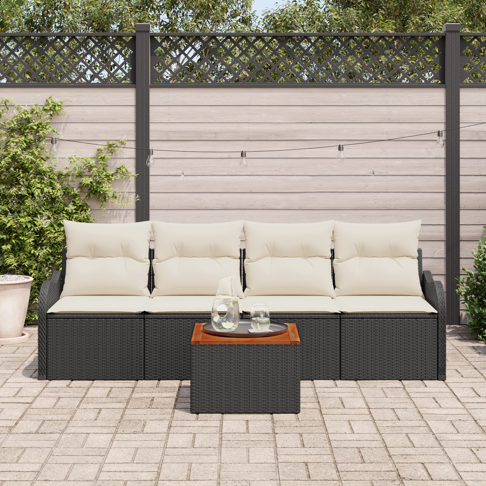 vidaXL 5-delige tuinsofa set met kussens zwart poly riet acacia
