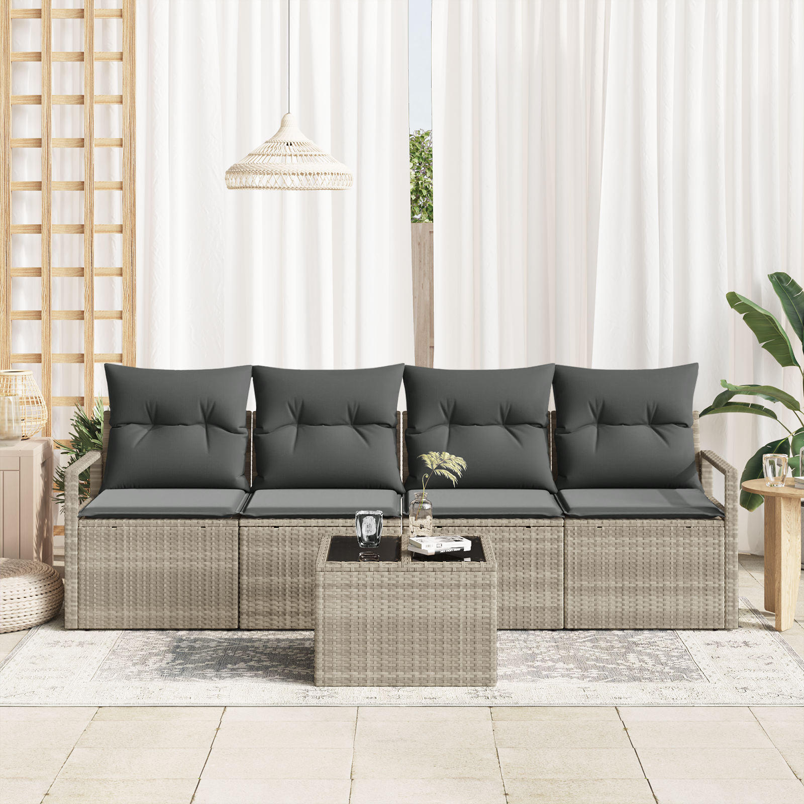 vidaXL 5-delige tuinset met kussens in lichtgrijs poly rattan