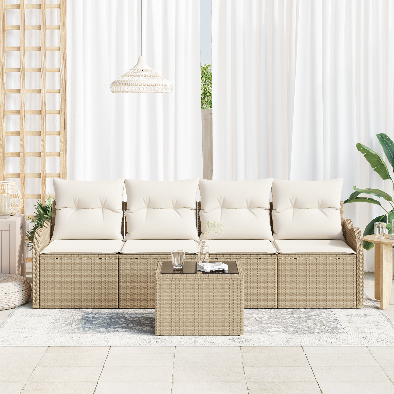 vidaXL 5-delige Tuinbankenset met kussens poly rattan beige