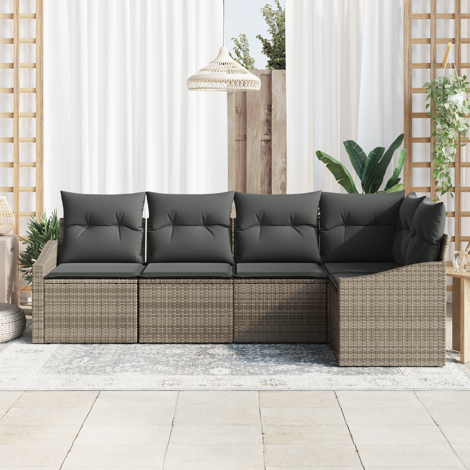 vidaXL 5-delige Tuinbankenset met kussens poly rattan grijs