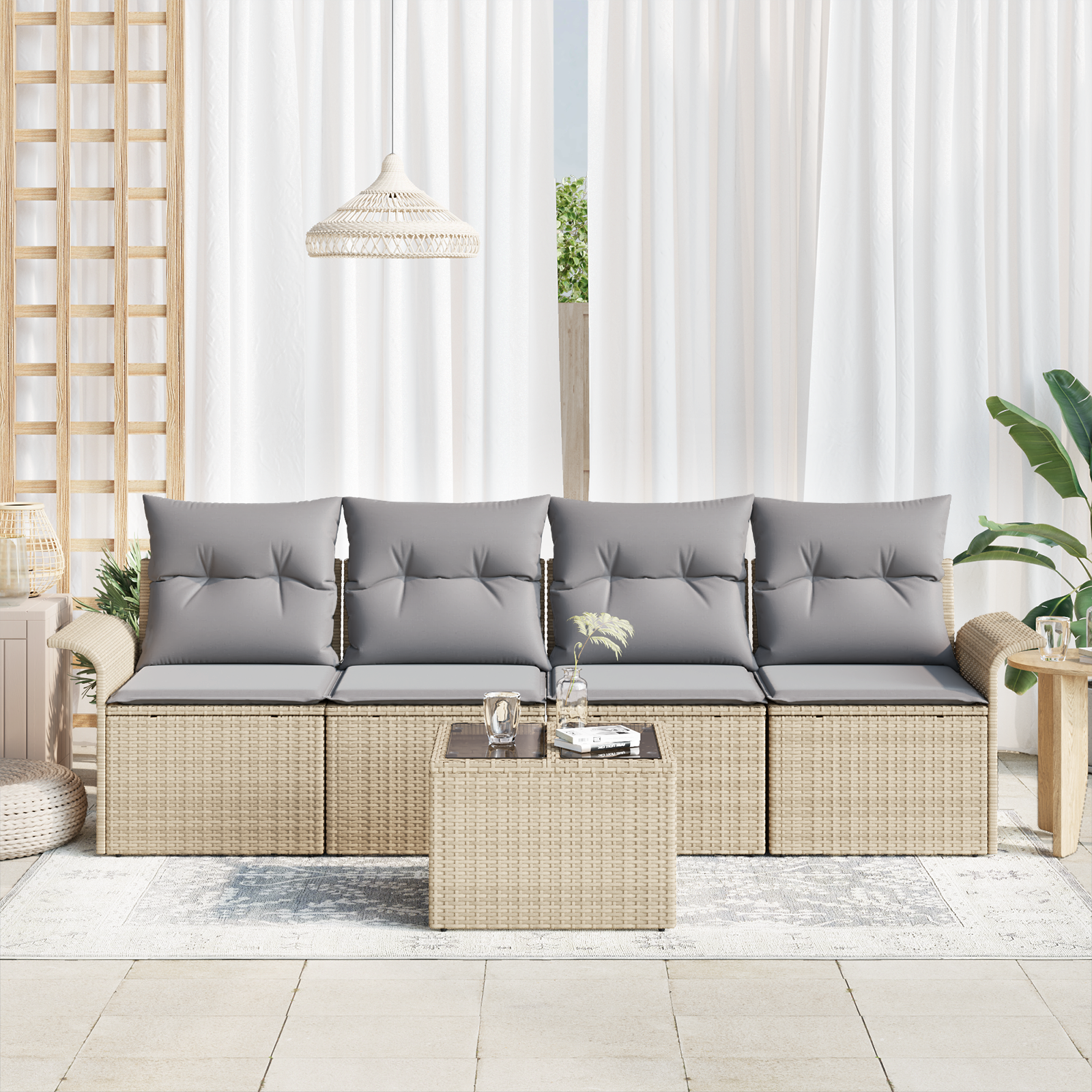 vidaXL 5-delige tuinzitset met kussens - Beige poly rattan