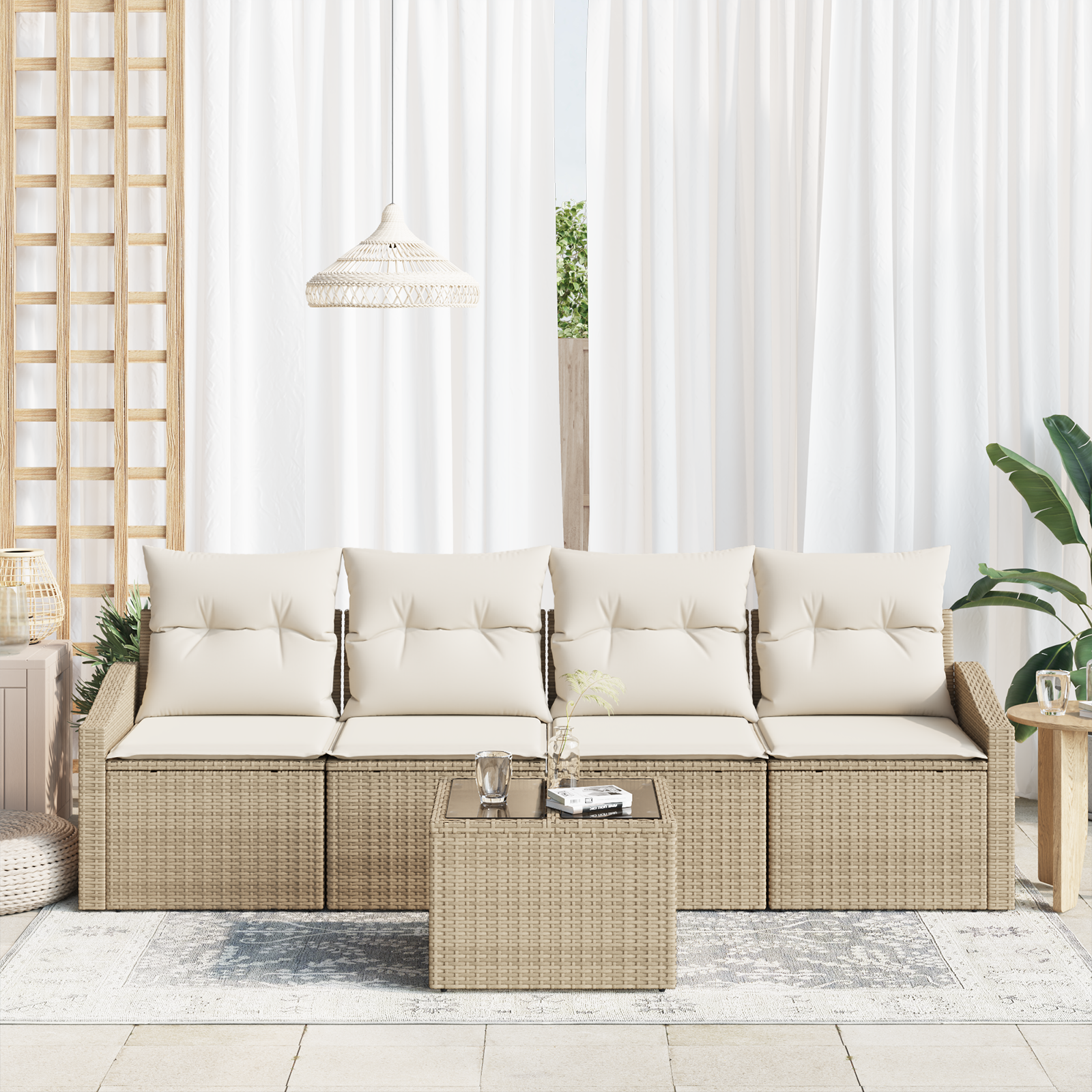 vidaXL 5-delige tuinset met kussens in beige poly rattan