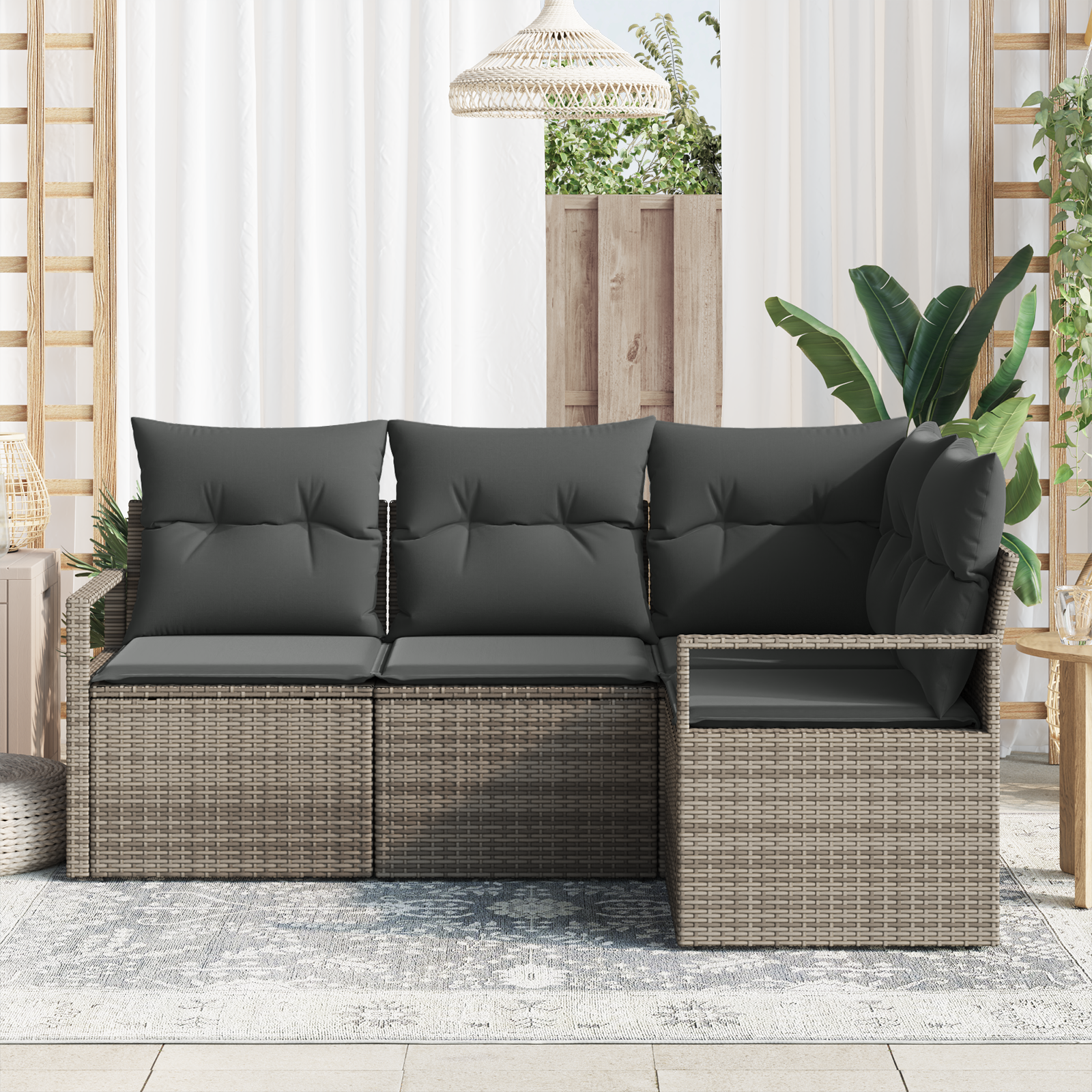 vidaXL 4-delige Tuinbankenset met kussens poly rattan grijs