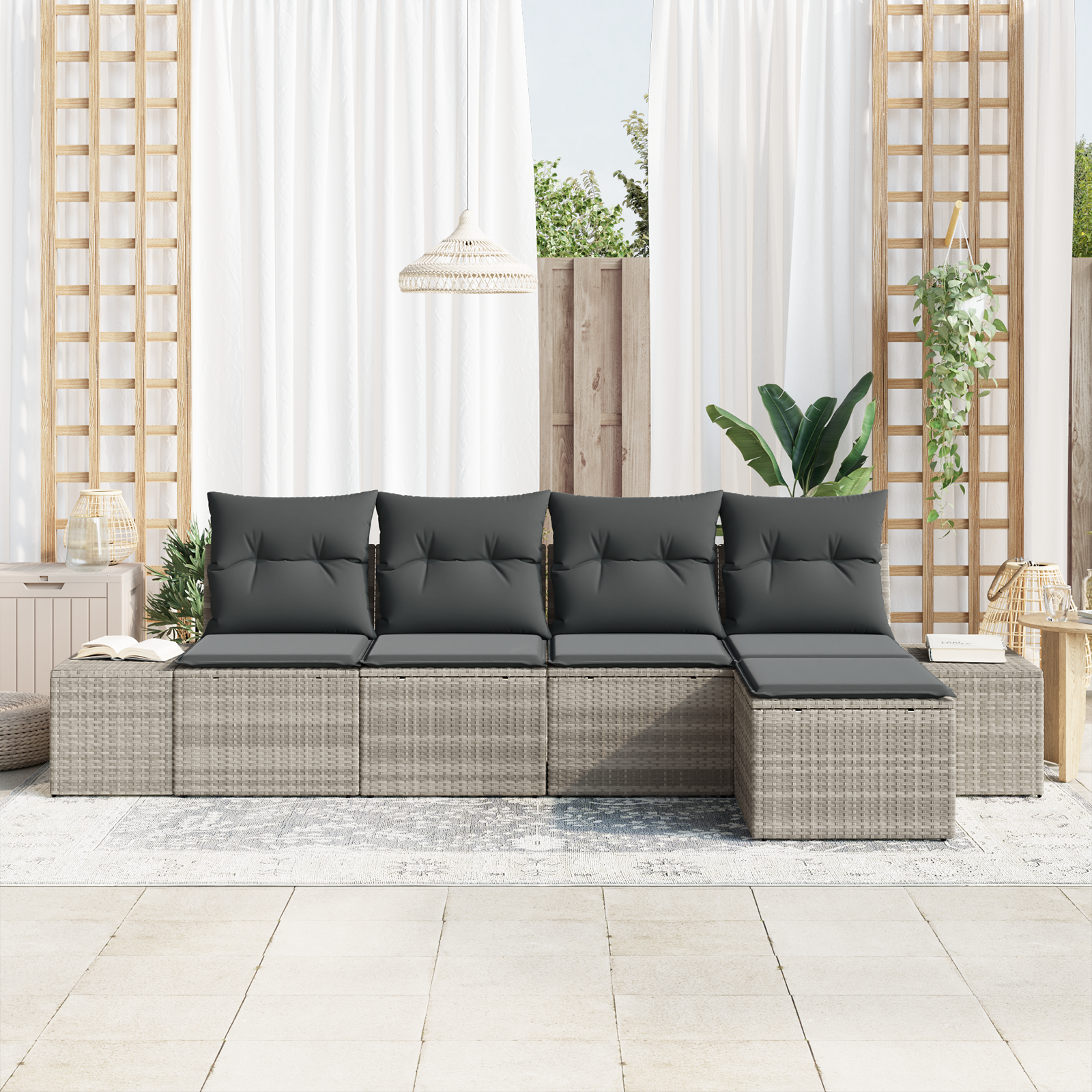 vidaXL 5-delige Tuinbankenset met kussens poly rattan lichtgrijs