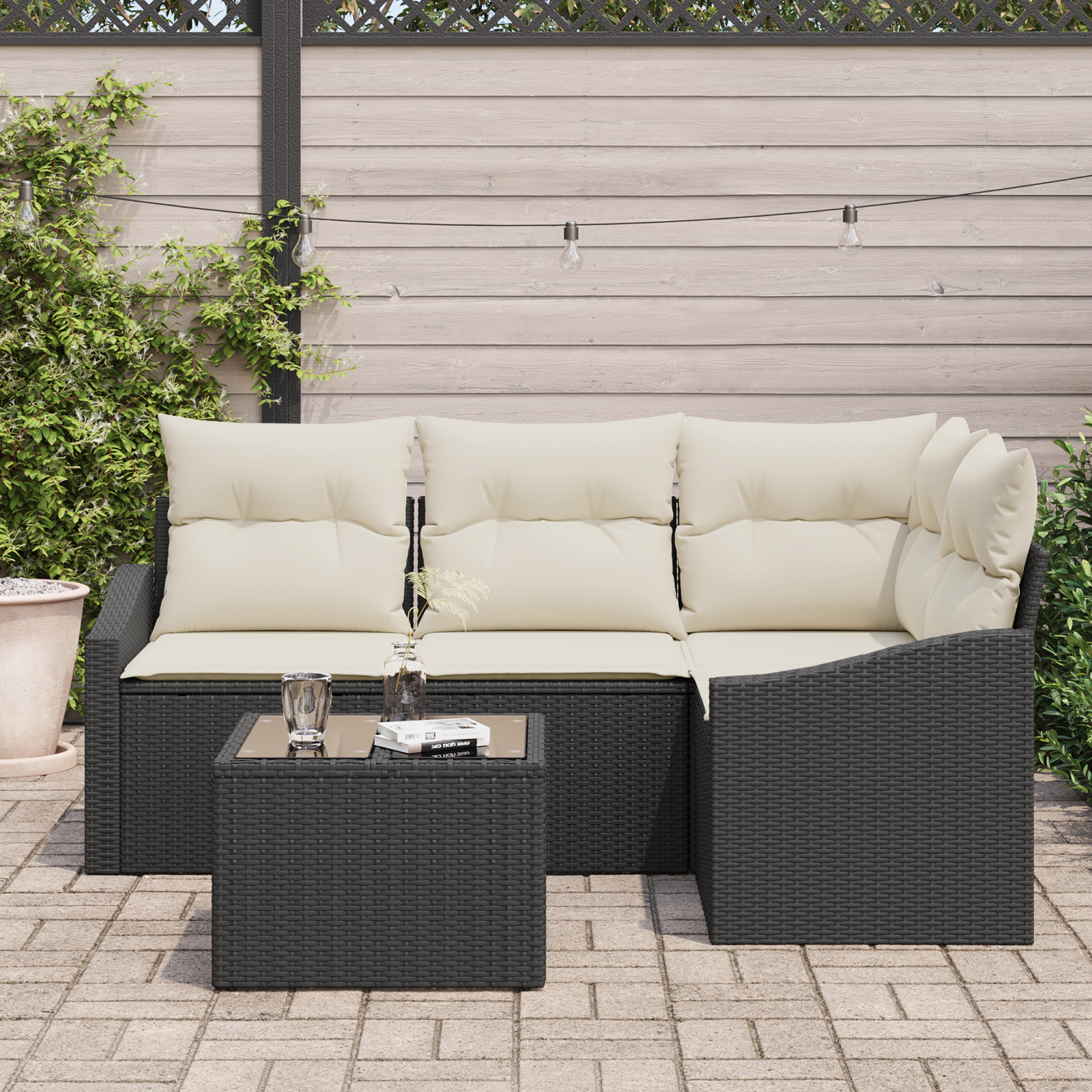vidaXL 4-delige Tuinbankenset met kussens poly rattan bruin