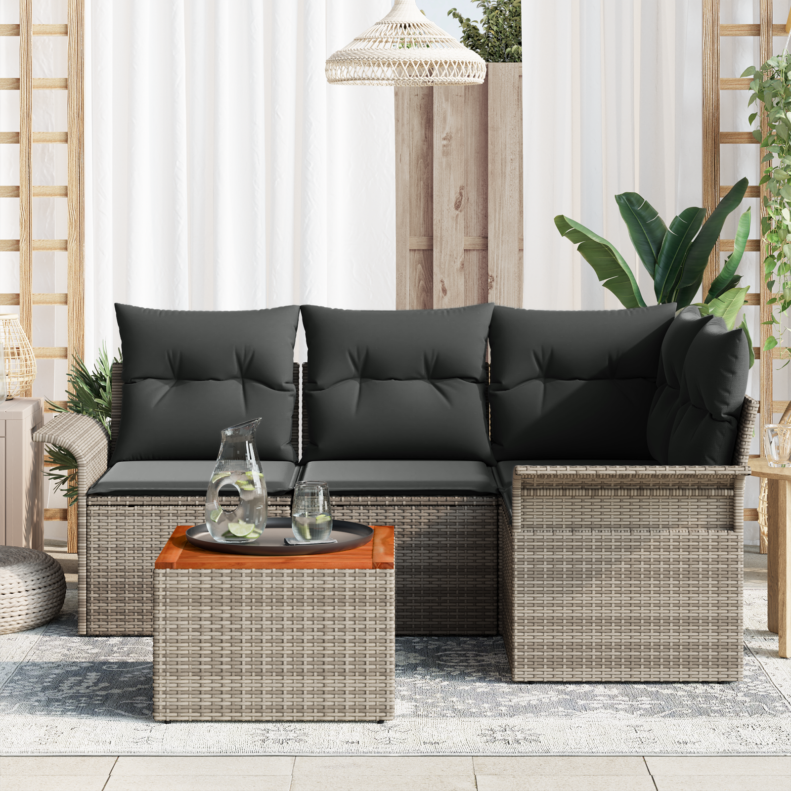 vidaXL 5-delige Tuinbankenset met kussens poly rattan acaciahout grijs