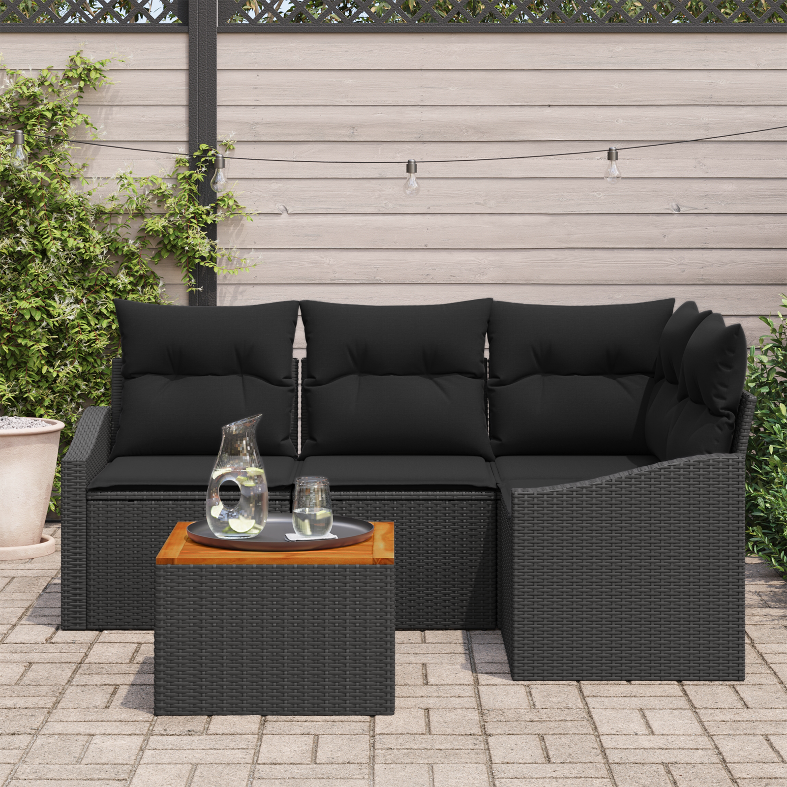 vidaXL 5-delige Tuinbankenset met kussens poly rattan acaciahout zwart
