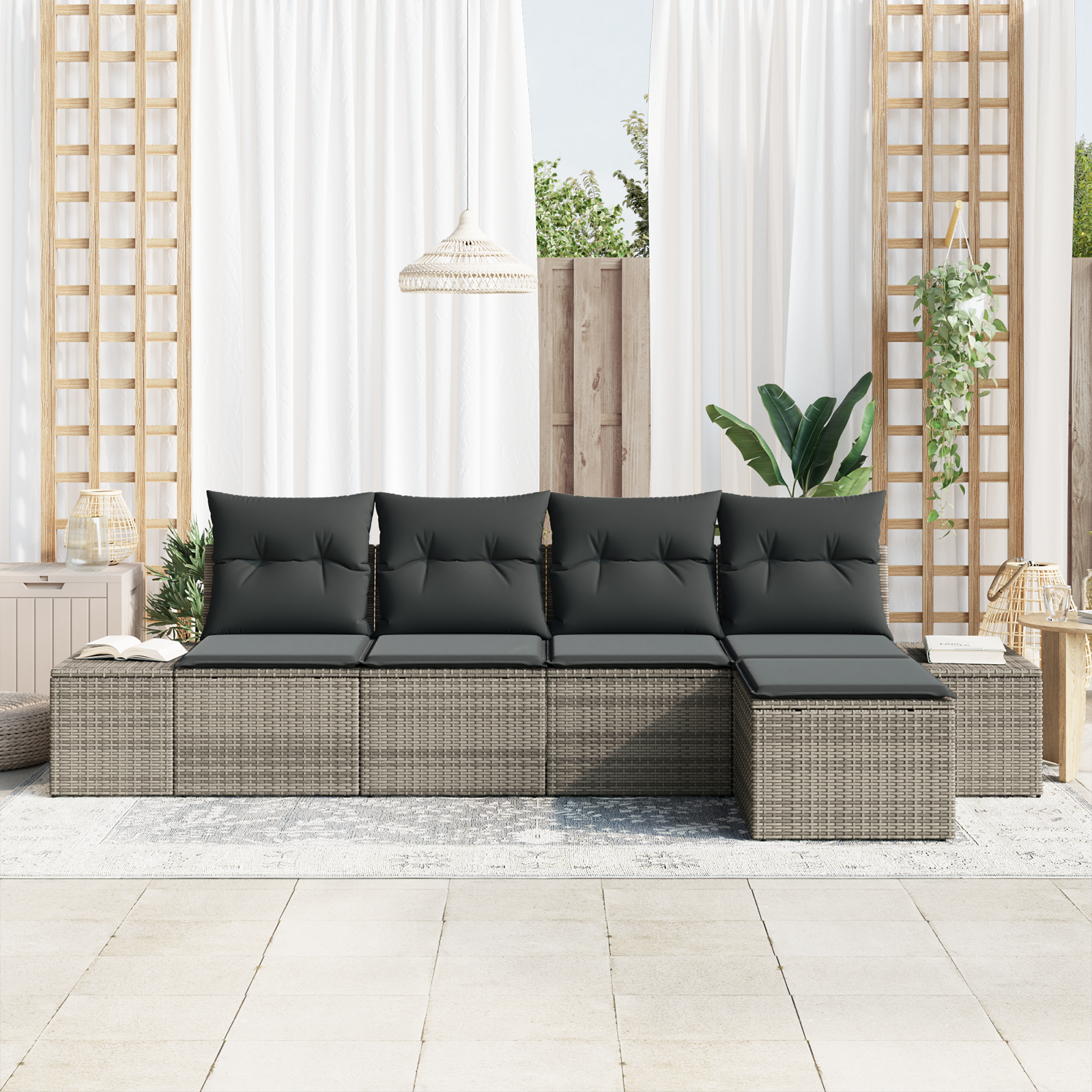 vidaXL 5-delige Tuinbankenset met kussens poly rattan grijs