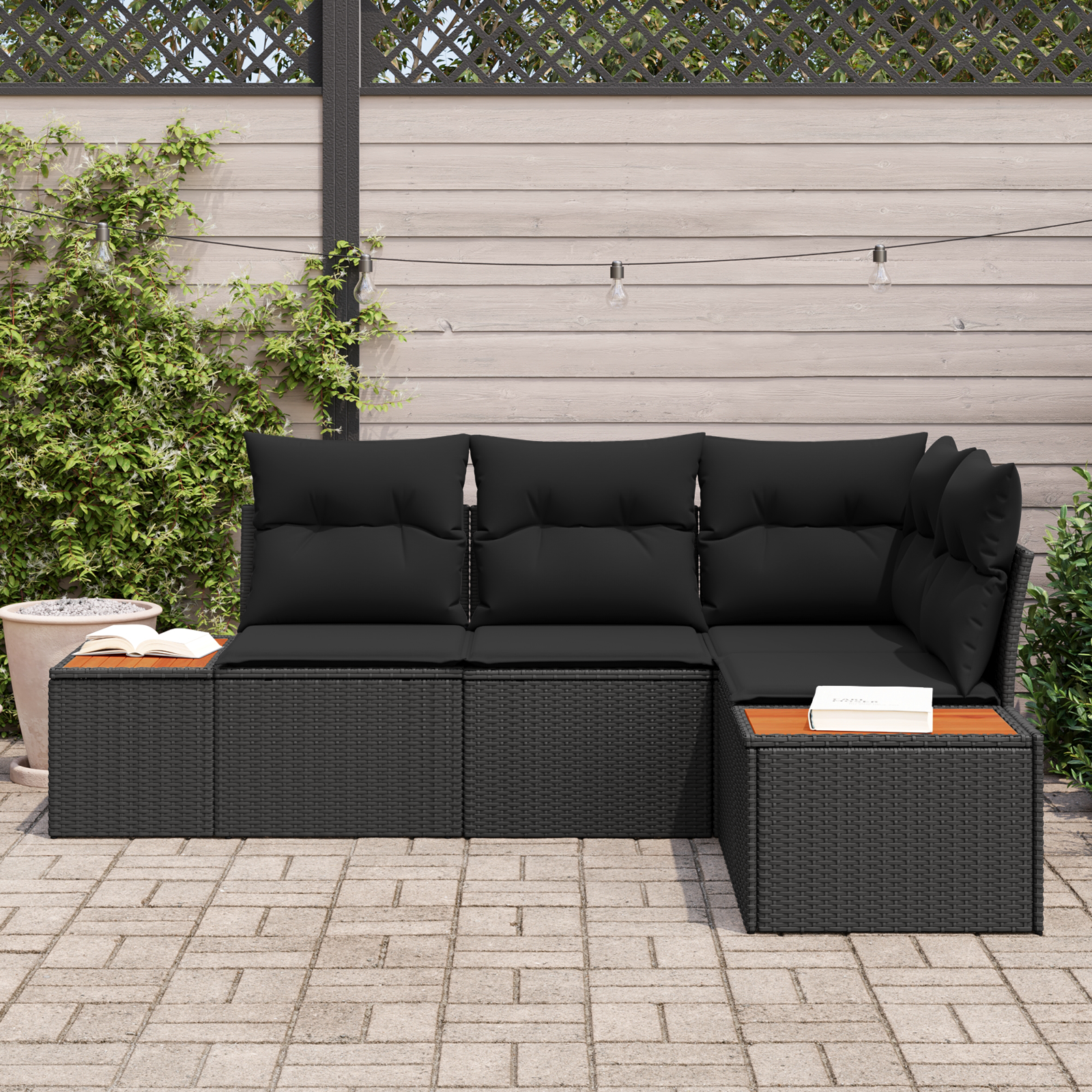 vidaXL 4-delige tuinbankset met kussens - zwart poly rattan en acacia