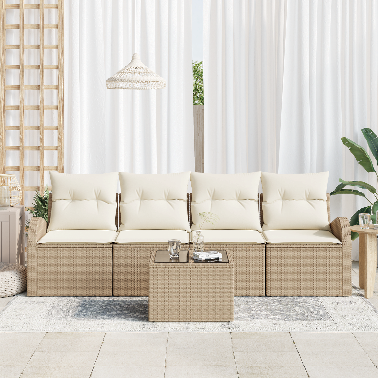 vidaXL 5-delige tuinbankset met kussens - Beige Poly Rattan