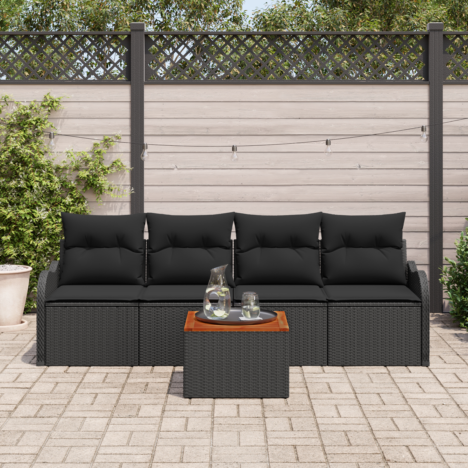 vidaXL 5-delige tuinset met kussens zwart poly riet acacia